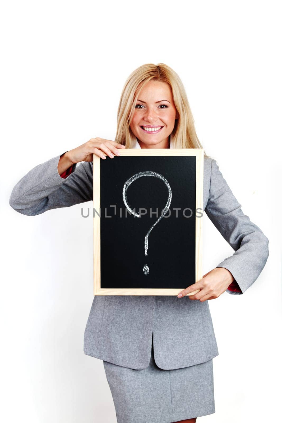 business woman take question sign in hands