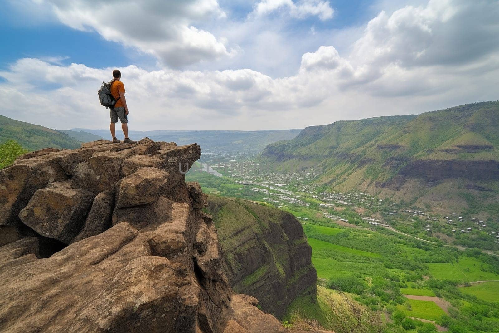 A hiker stands on a rock outcropping, gazing out at the vast expanse of a lush valley below. The brown and green tones of the nature scene create an invigorating and refreshing atmosphere. The majesty of the mountains and the vastness of the land evoke feelings of adventure, energy, and power. (generative AI)