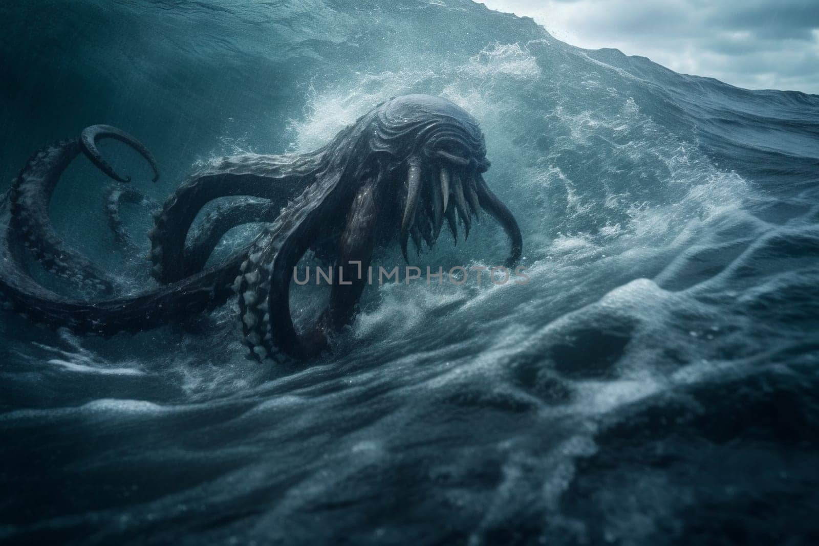 The kraken is a legendary sea monster that is said to dwell in the depths of the ocean. This massive and powerful creature can be seen emerging from the ocean during a storm, creating an epic and dramatic scene that evokes a sense of danger and awe. (generative AI)
