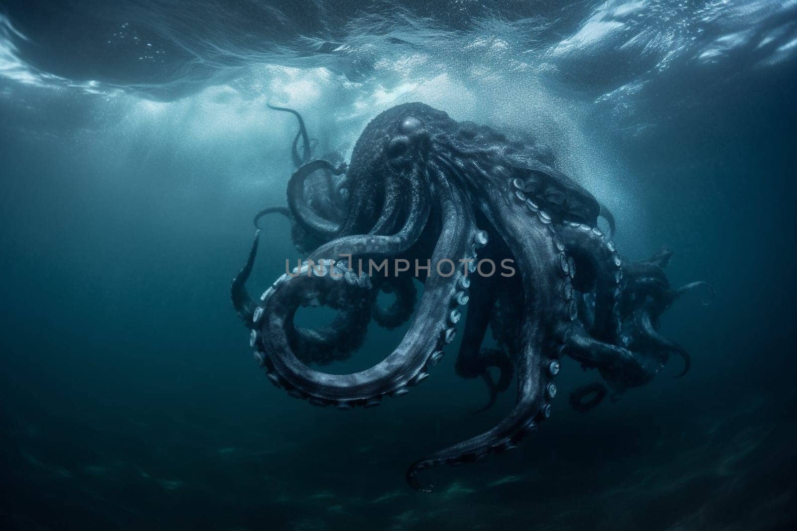 The kraken is a legendary sea monster that is said to dwell in the depths of the ocean. This massive and powerful creature can be seen emerging from the ocean during a storm, creating an epic and dramatic scene that evokes a sense of danger and awe. (generative AI)