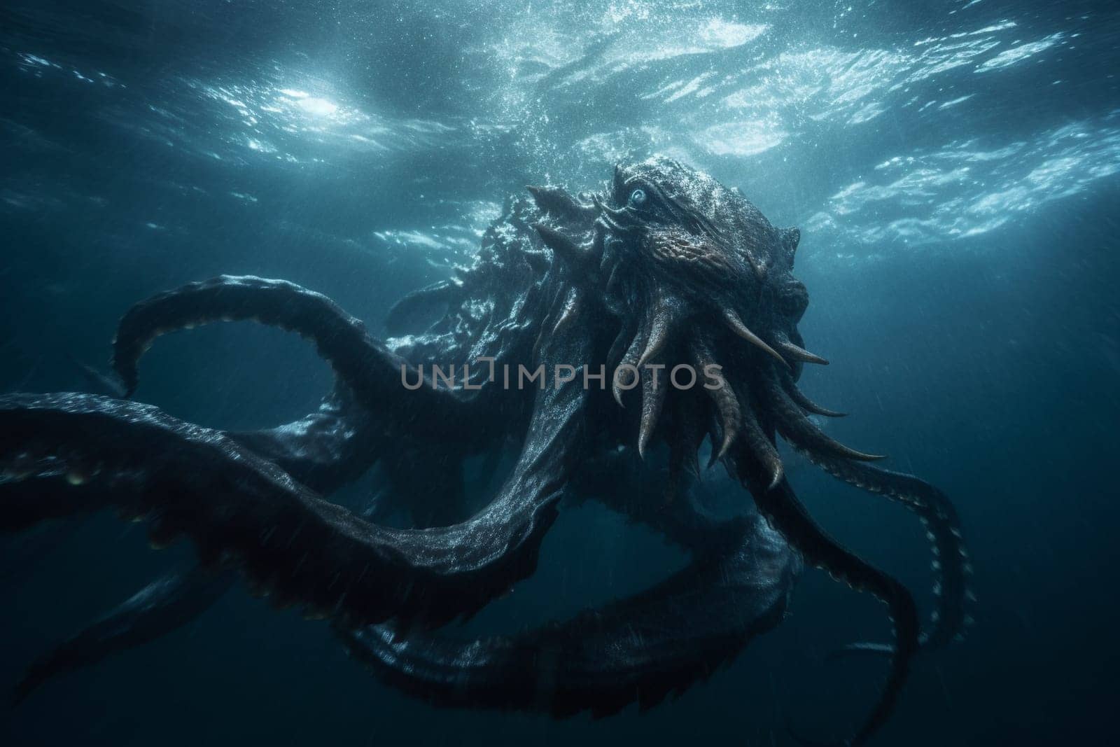 The kraken is a legendary sea monster that is said to dwell in the depths of the ocean. This massive and powerful creature can be seen emerging from the ocean during a storm, creating an epic and dramatic scene that evokes a sense of danger and awe. (generative AI)