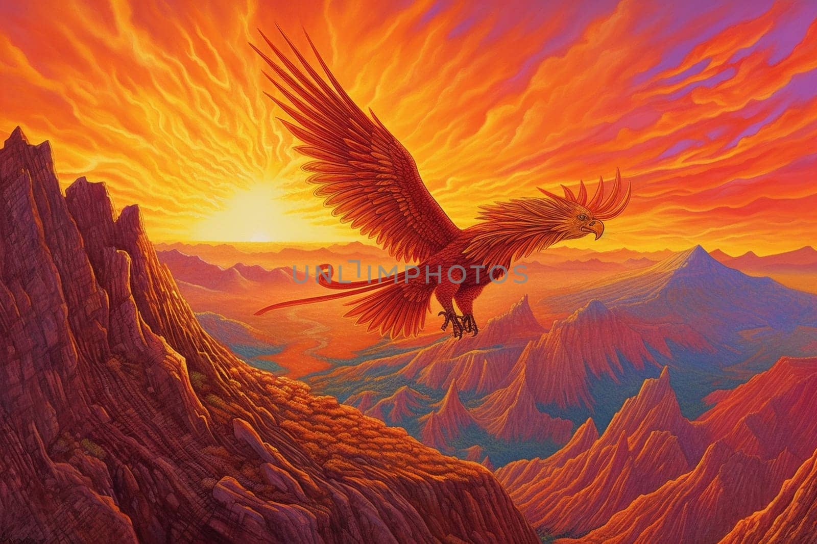 Phoenixes are legendary birds that are said to be able to regenerate from their own ashes. In this mystical scene, a majestic phoenix can be seen soaring over a mountain peak at sunrise, creating a divine and regal ambiance. The fiery colors of the phoenix and the panoramic point of view add to the majestic feeling of the scenery. (generative AI)
