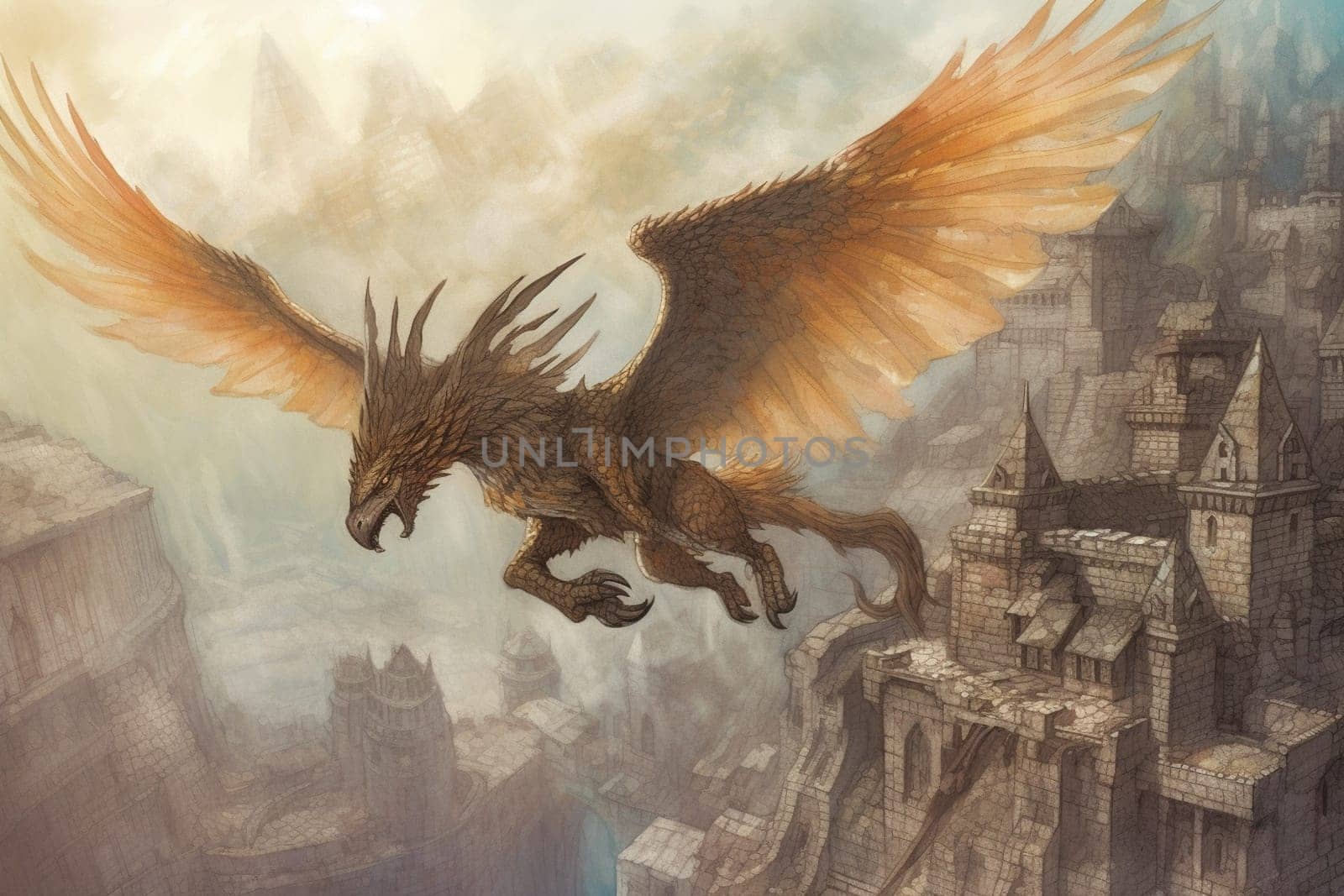 The griffin is a legendary magical creature that is part eagle and part lion. This fascinating hybrid can be seen flying over the ruins of an ancient castle, creating a mystical and breathtaking scene that evokes wonder and enchantment. The bronze colors of the castle ruins and the hazy atmosphere give the scenery a dreamy and magical quality. (generative AI)