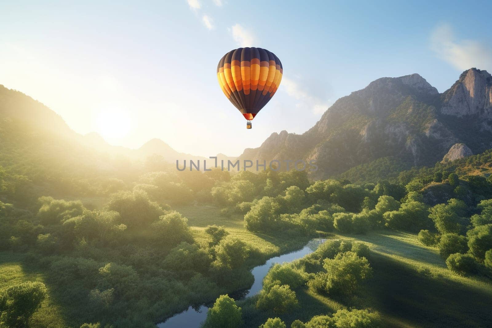 A colorful hot air balloon rises slowly into the sky above a picturesque countryside, offering passengers stunning views of rolling hills and charming villages below. The balloon's gentle movement and classic design make it the perfect transportation for a relaxing sightseeing adventure. (generative AI)