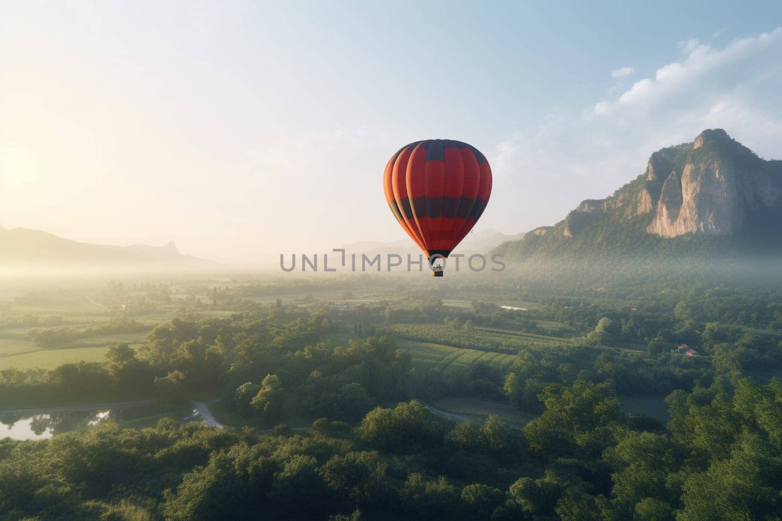 A colorful hot air balloon rises slowly into the sky above a picturesque countryside, offering passengers stunning views of rolling hills and charming villages below. The balloon's gentle movement and classic design make it the perfect transportation for a relaxing sightseeing adventure. (generative AI)