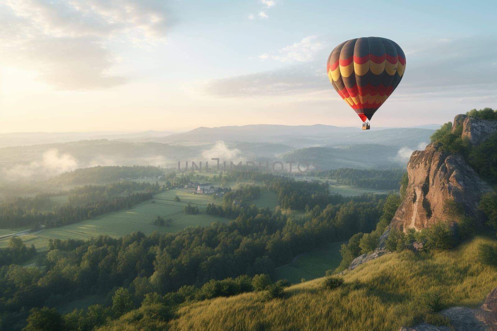 A colorful hot air balloon rises slowly into the sky above a picturesque countryside, offering passengers stunning views of rolling hills and charming villages below. The balloon's gentle movement and classic design make it the perfect transportation for a relaxing sightseeing adventure. (generative AI)