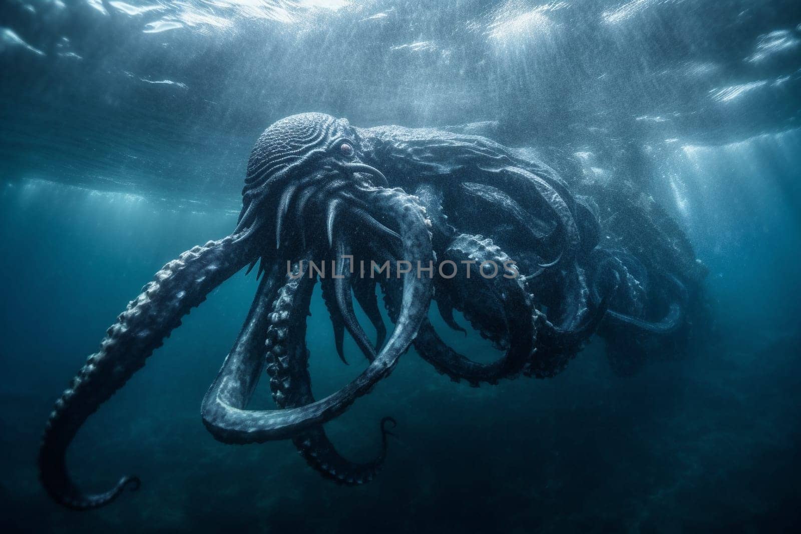 The kraken is a legendary sea monster that is said to dwell in the depths of the ocean. This massive and powerful creature can be seen emerging from the ocean during a storm, creating an epic and dramatic scene that evokes a sense of danger and awe. (generative AI)
