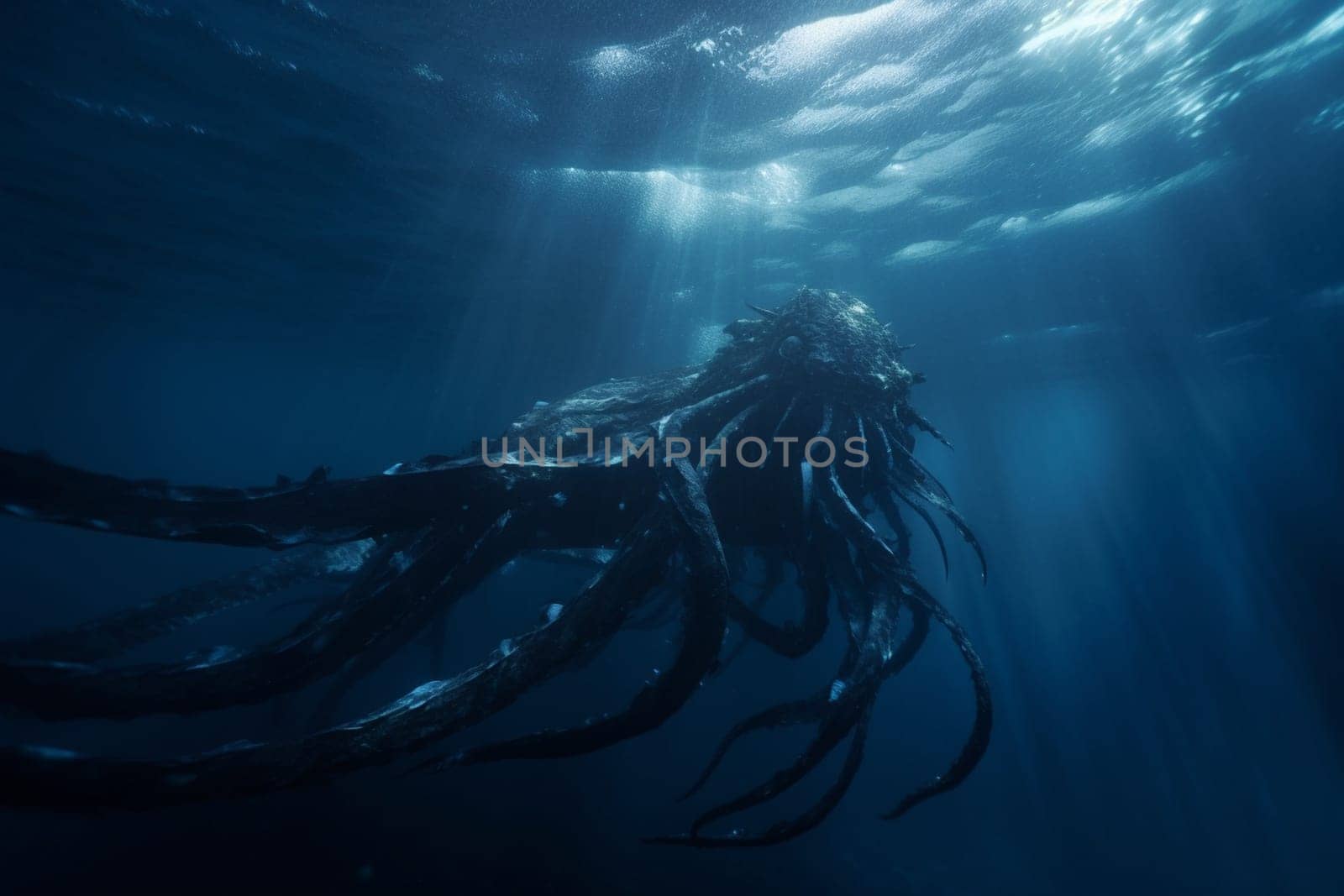 The kraken is a legendary sea monster that is said to dwell in the depths of the ocean. This massive and powerful creature can be seen emerging from the ocean during a storm, creating an epic and dramatic scene that evokes a sense of danger and awe. (generative AI)