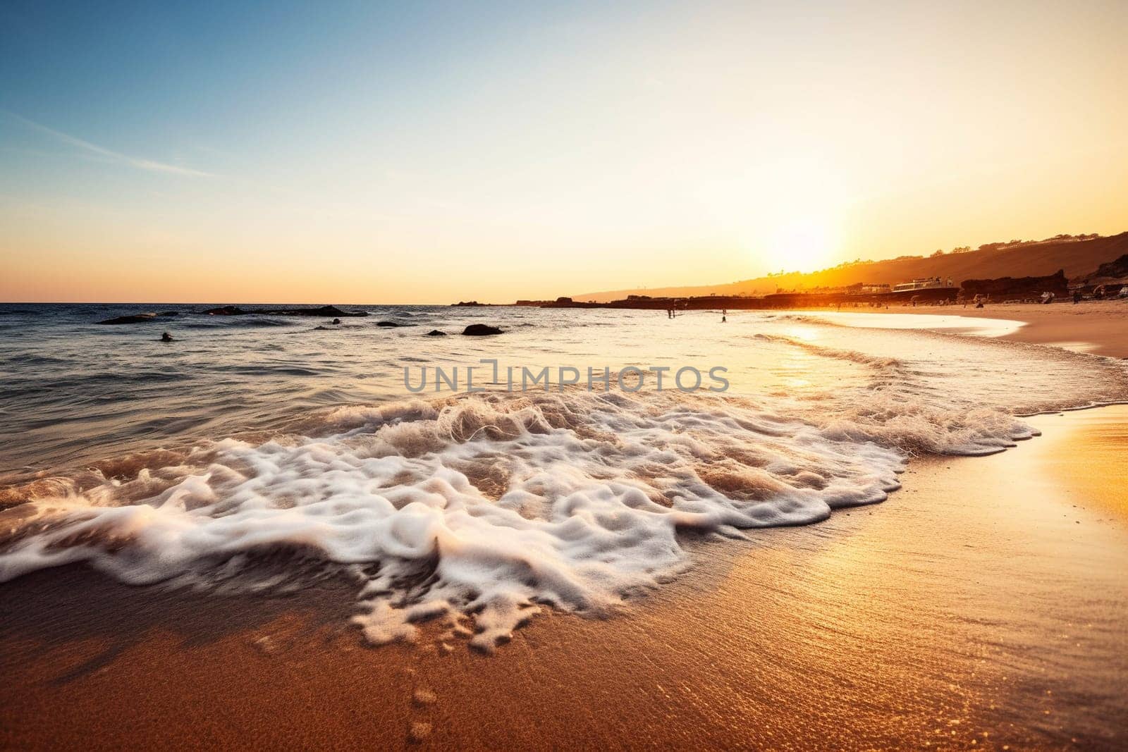 The beauty of the ocean shore and shore is unmatched. This scene boasts stunning crystal-clear waters, a golden sandy beach, and a breathtaking sunset or sunrise skyline that will leave any viewer in awe. (generative AI)