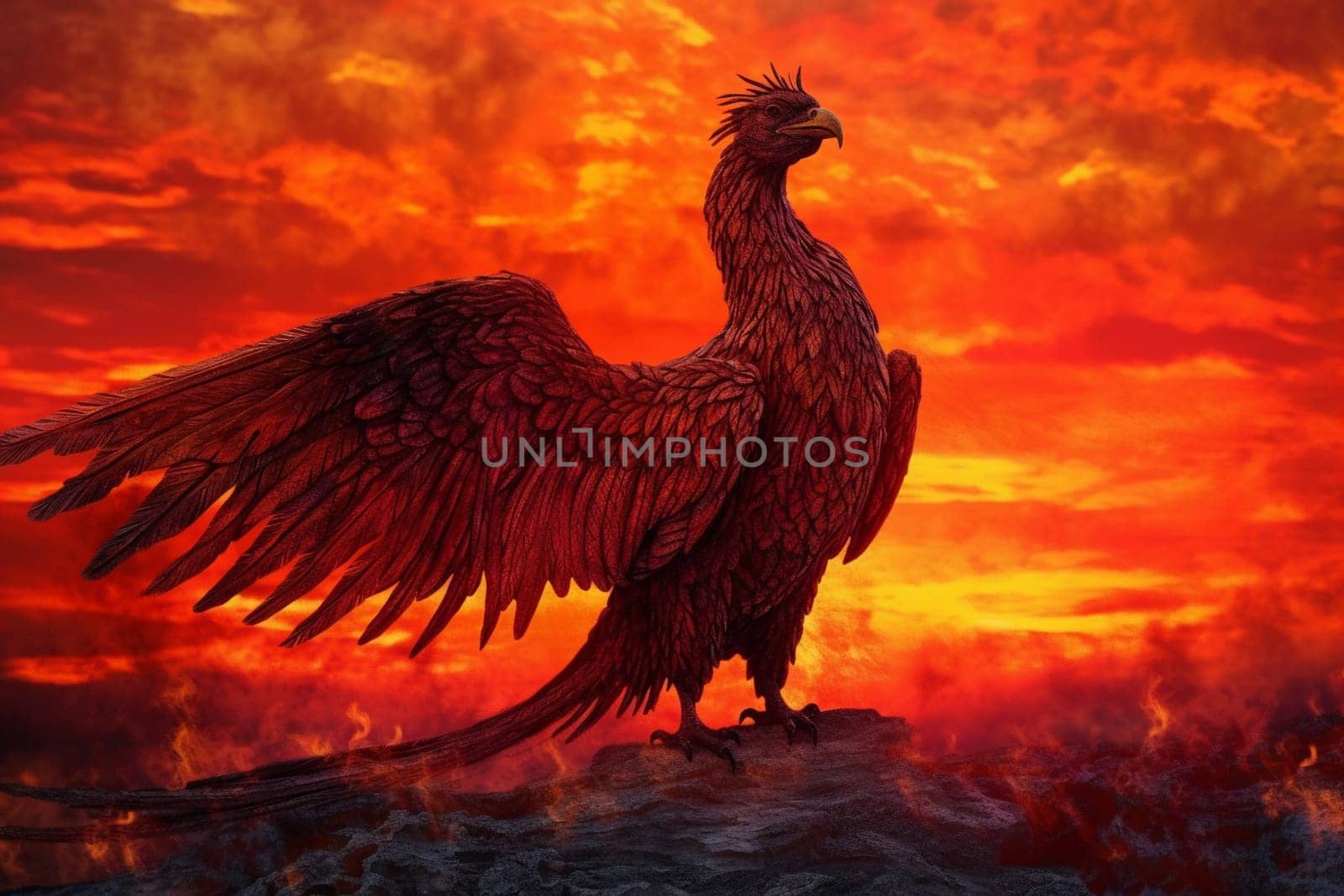 The phoenix is a symbol of rebirth and new beginnings. As it rises from the ashes, it spreads its vibrant and warm wings against the fiery sunset, creating a mesmerizing scene that is both dramatic and mystical. (generative AI)