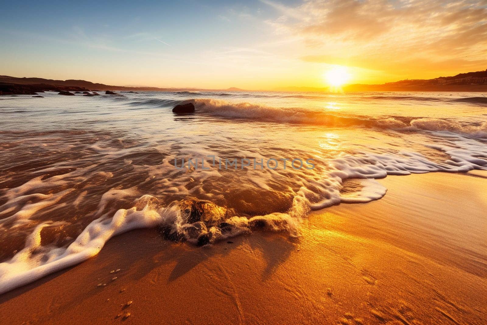 The beauty of the ocean shore and shore is unmatched. This scene boasts stunning crystal-clear waters, a golden sandy beach, and a breathtaking sunset or sunrise skyline that will leave any viewer in awe. (generative AI)