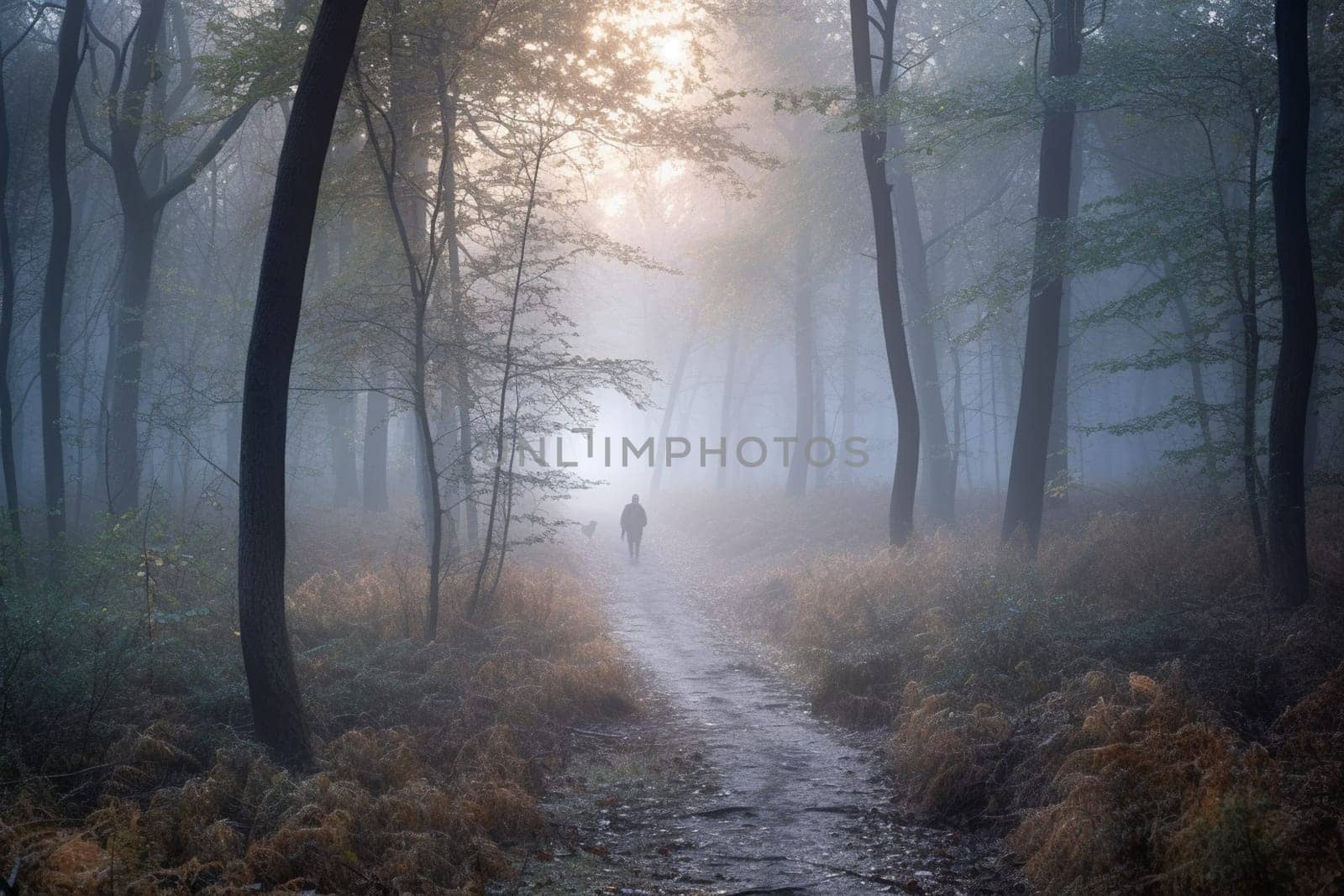 A lone person walks through a misty forest at dawn, their footsteps quiet and peaceful in the stillness of the wilderness. The mist creates a mysterious atmosphere, as if the forest is alive and full of secrets. This scene can evoke feelings of contemplation, peace, and a sense of wonder at the beauty of the natural world. (generative AI)