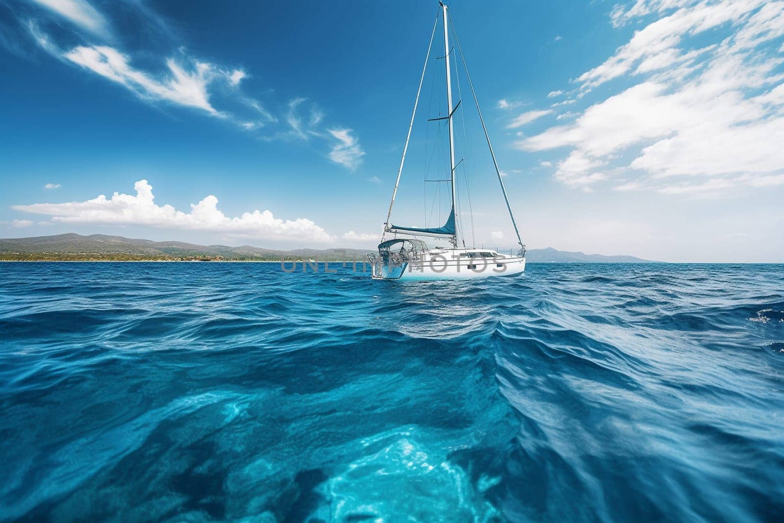 A luxurious yacht sails through clear, sparkling Caribbean waters, offering its passengers breathtaking views of tropical islands and coral reefs. The yacht's sleek design and elegant décor make it the ultimate in luxury transportation. (generative AI)