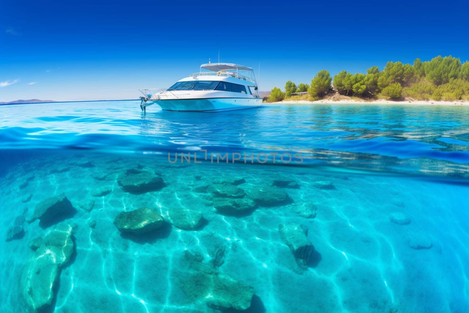 A magnificent yacht with a majestic design, quietly floats atop clear blue waters, with lush tropical island in the background. The luxurious exterior of the yacht and its impeccable finish look lustrous in the shimmering golden light that falls upon it. (generative AI)