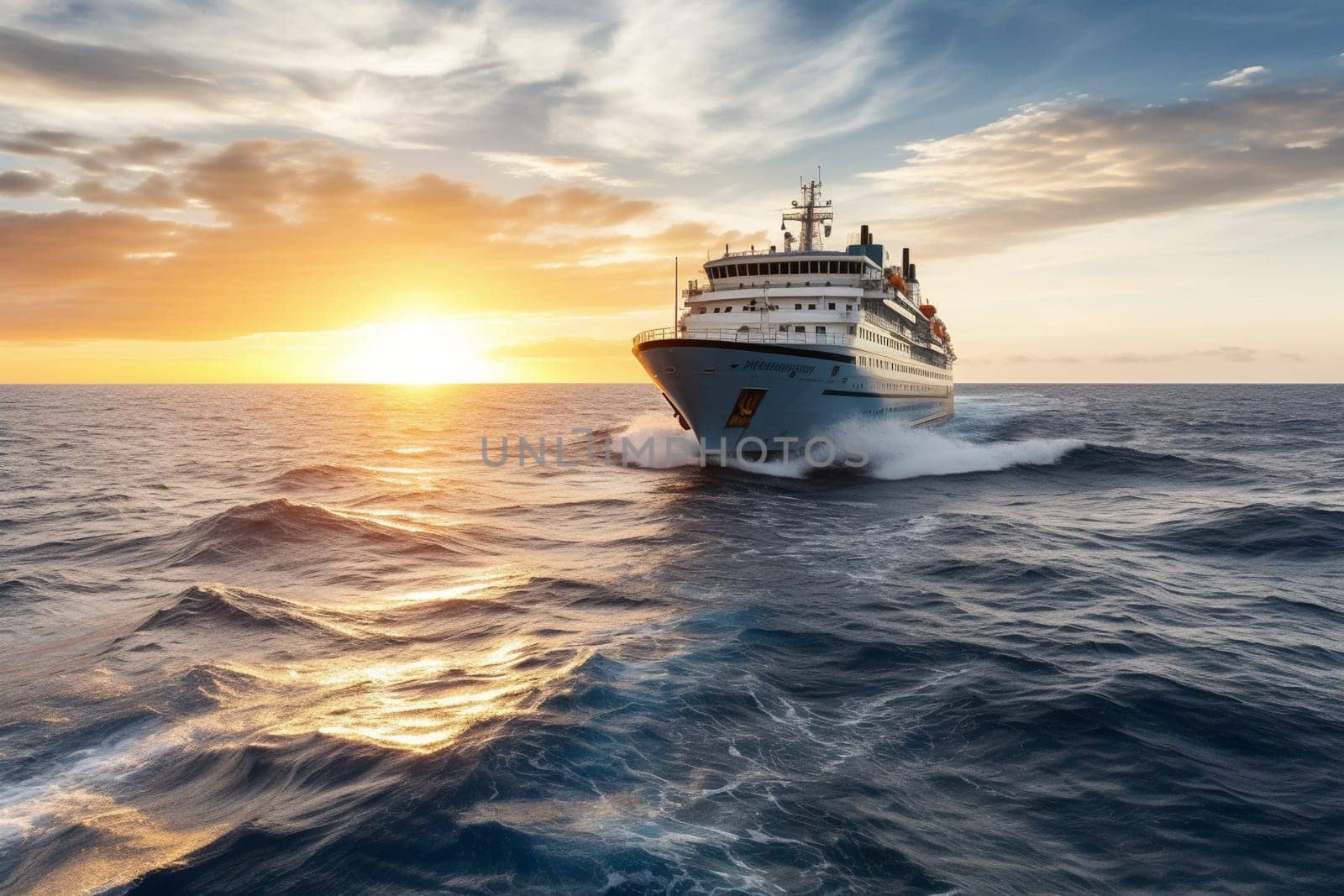 A magnificent cruise ship glides through the calm waters of the ocean, giving passengers a taste of the high life with lavish amenities and luxurious accommodations. The ship's grand design and graceful movement make it a true spectacle of transportation at sea. (generative AI)
