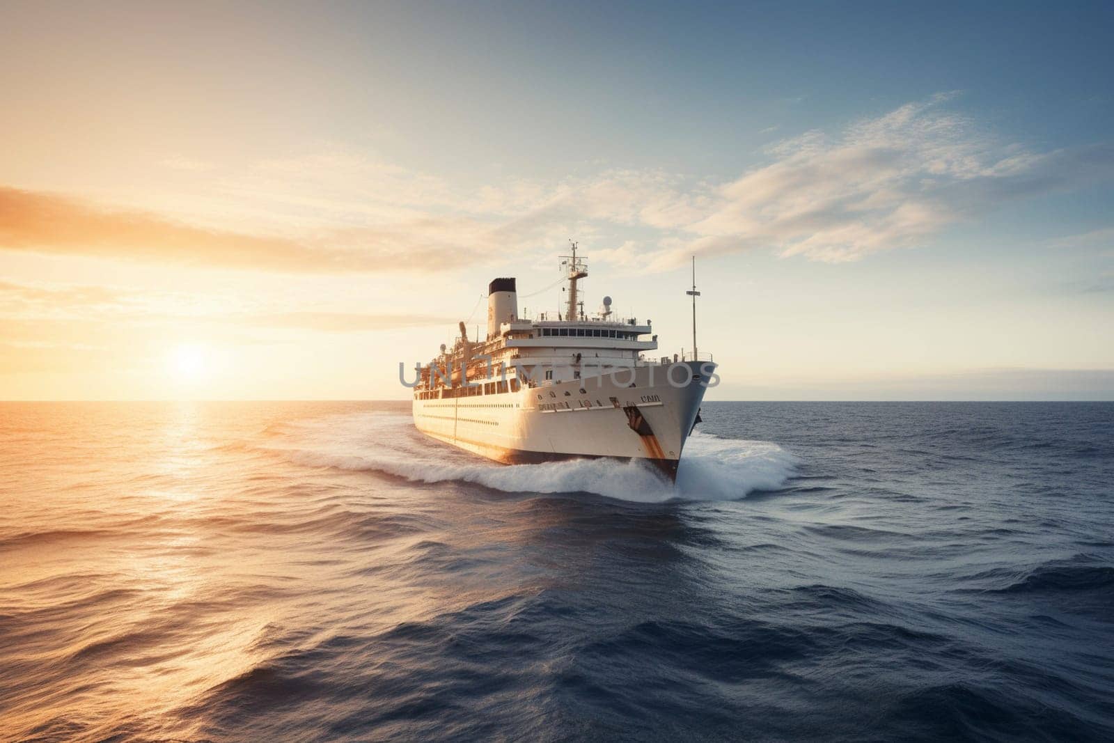 A magnificent cruise ship glides through the calm waters of the ocean, giving passengers a taste of the high life with lavish amenities and luxurious accommodations. The ship's grand design and graceful movement make it a true spectacle of transportation at sea. (generative AI)