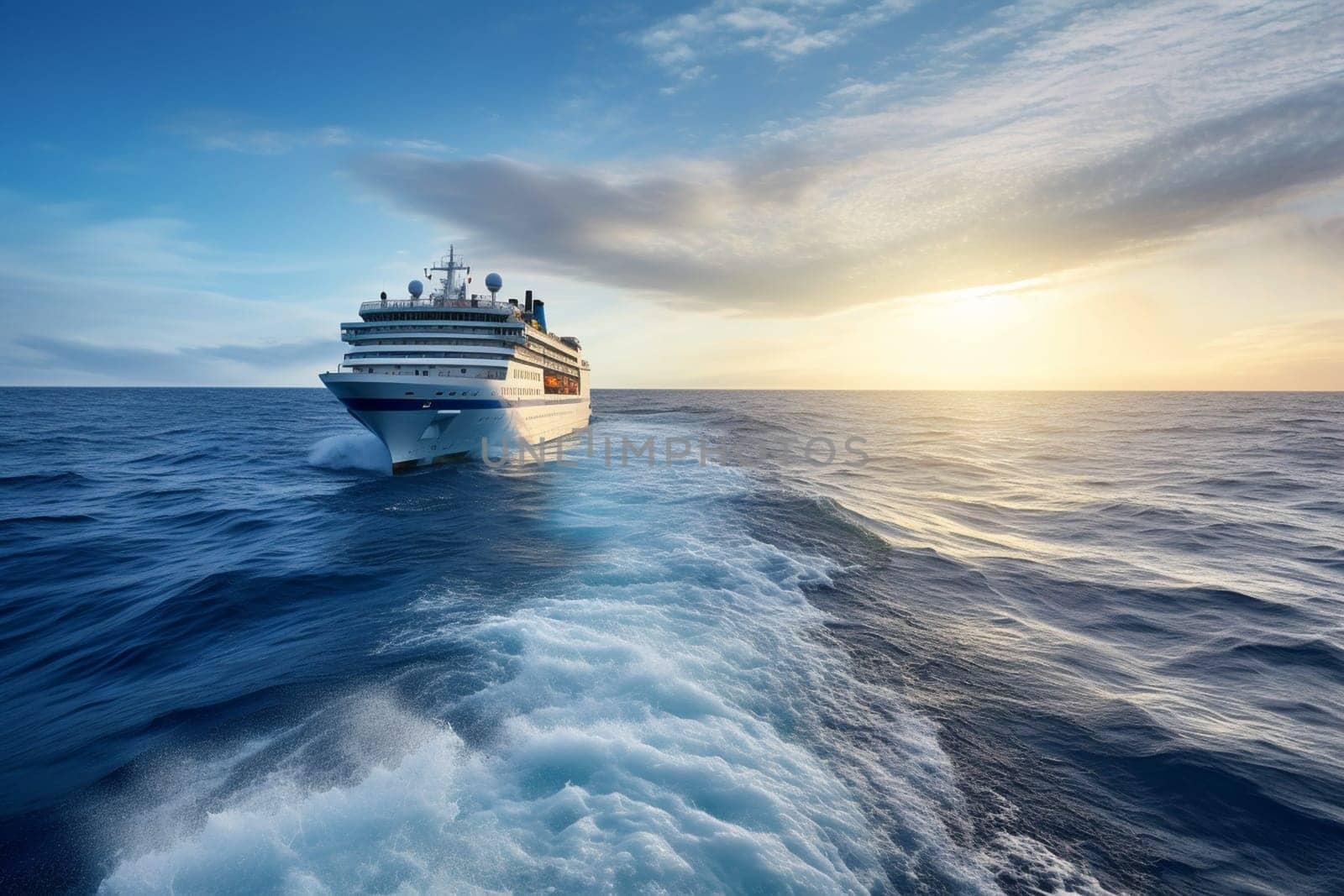 A magnificent cruise ship glides through the calm waters of the ocean, giving passengers a taste of the high life with lavish amenities and luxurious accommodations. The ship's grand design and graceful movement make it a true spectacle of transportation at sea. (generative AI)