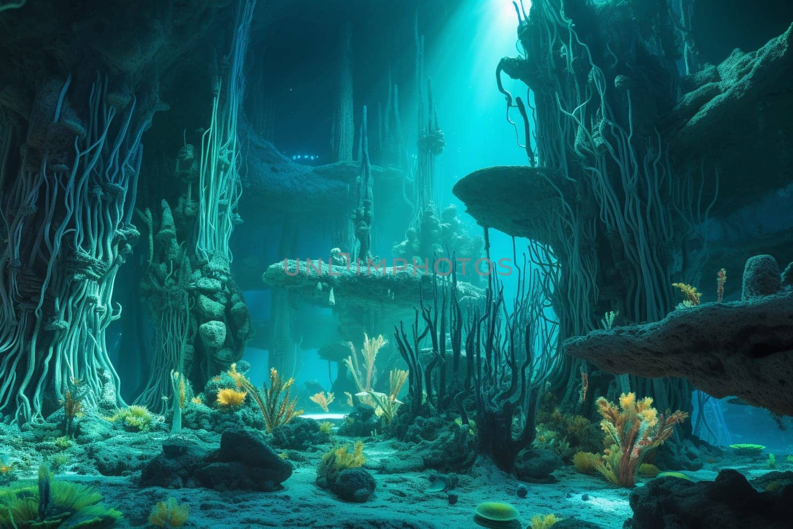 This surreal and mysterious underwater world is filled with towering, neon-lit coral structures and ethereal bioluminescent sea creatures. The scene is both awe-inspiring and eerie, drawing the viewer into an otherworldly realm. (generative AI)