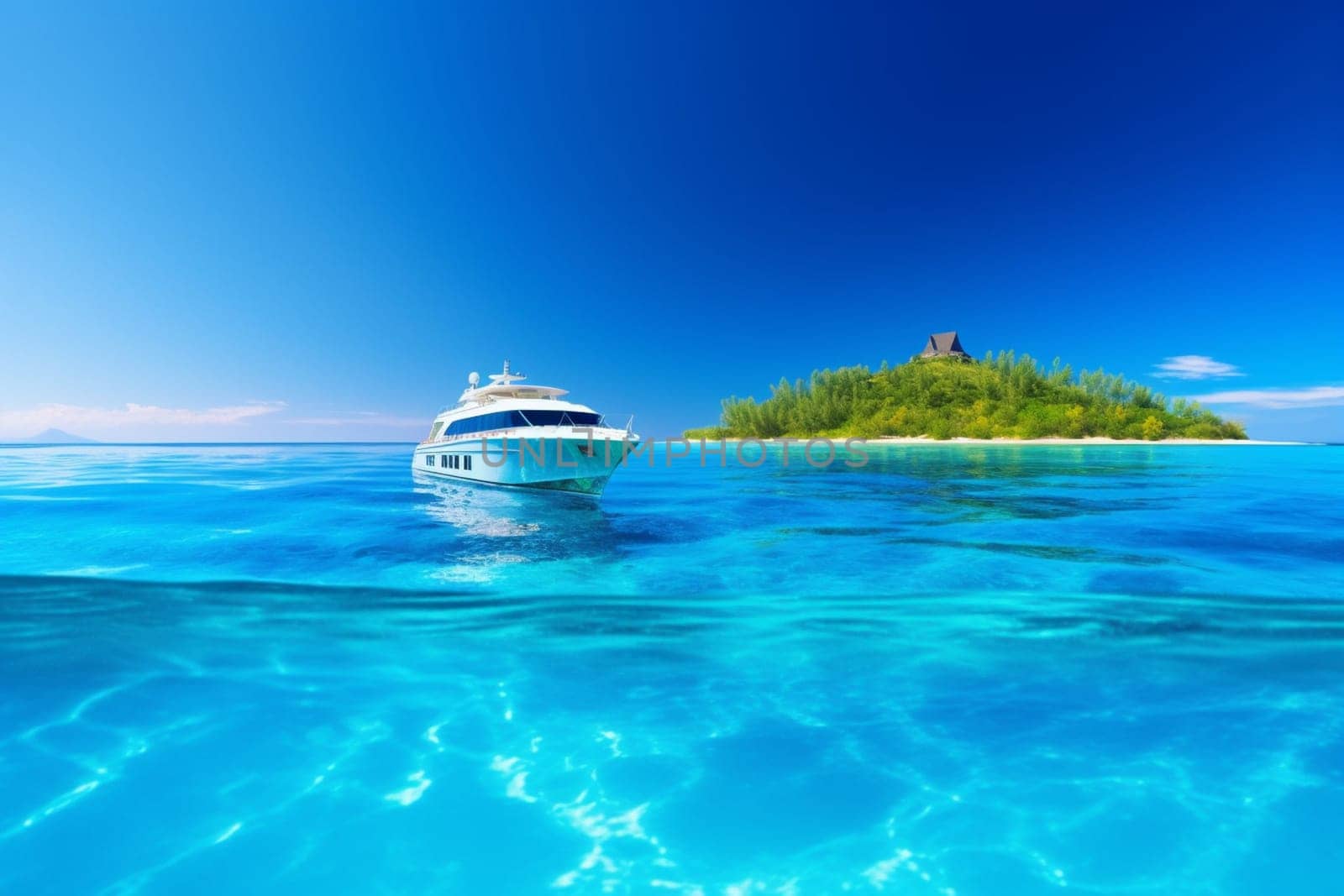 A magnificent yacht with a majestic design, quietly floats atop clear blue waters, with lush tropical island in the background. The luxurious exterior of the yacht and its impeccable finish look lustrous in the shimmering golden light that falls upon it. (generative AI)