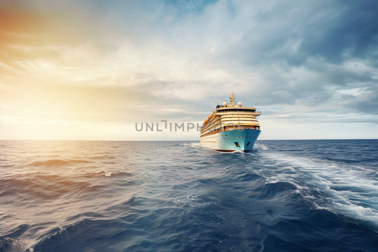 A magnificent cruise ship glides through the calm waters of the ocean, giving passengers a taste of the high life with lavish amenities and luxurious accommodations. The ship's grand design and graceful movement make it a true spectacle of transportation at sea. (generative AI)