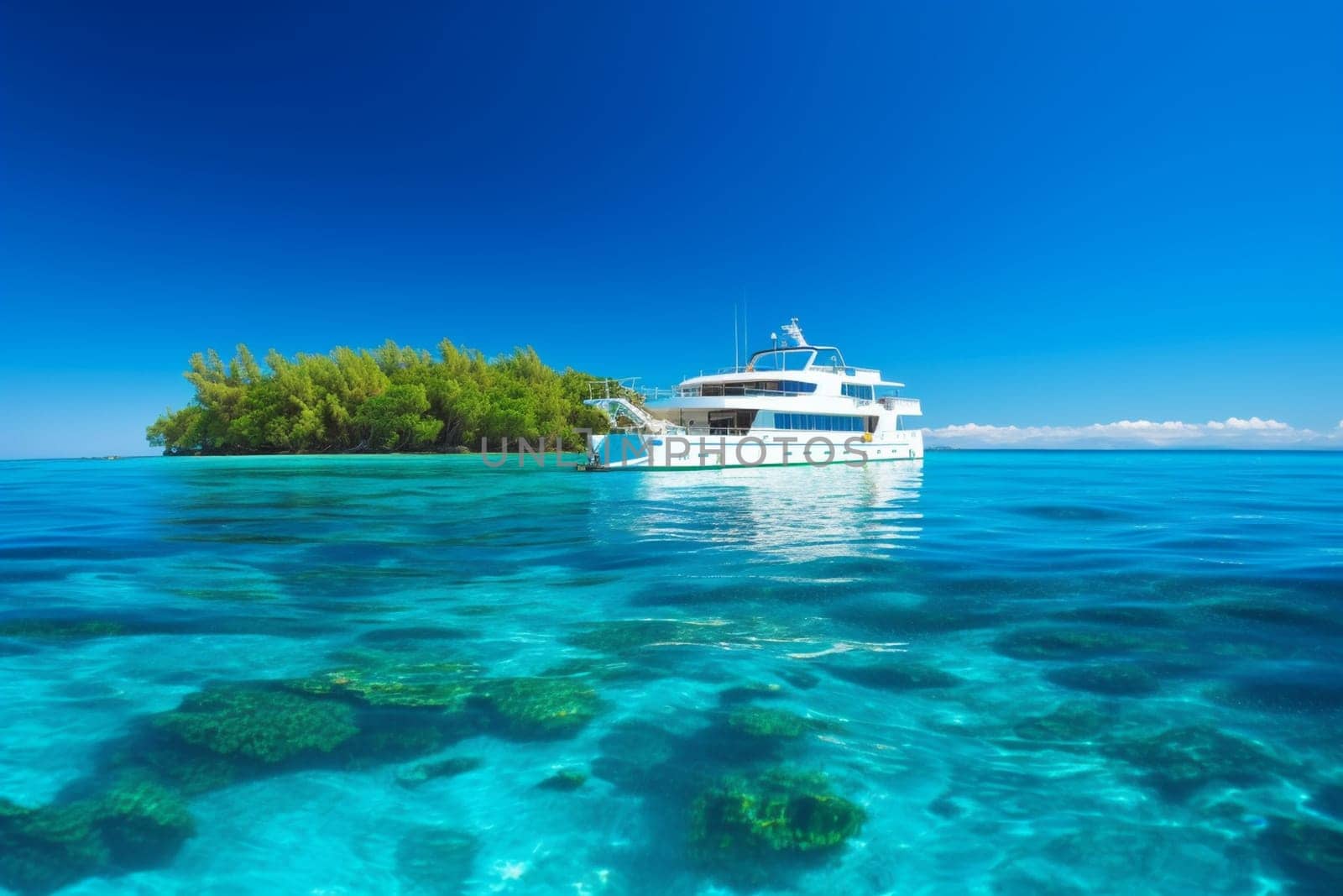A magnificent yacht with a majestic design, quietly floats atop clear blue waters, with lush tropical island in the background. The luxurious exterior of the yacht and its impeccable finish look lustrous in the shimmering golden light that falls upon it. (generative AI)