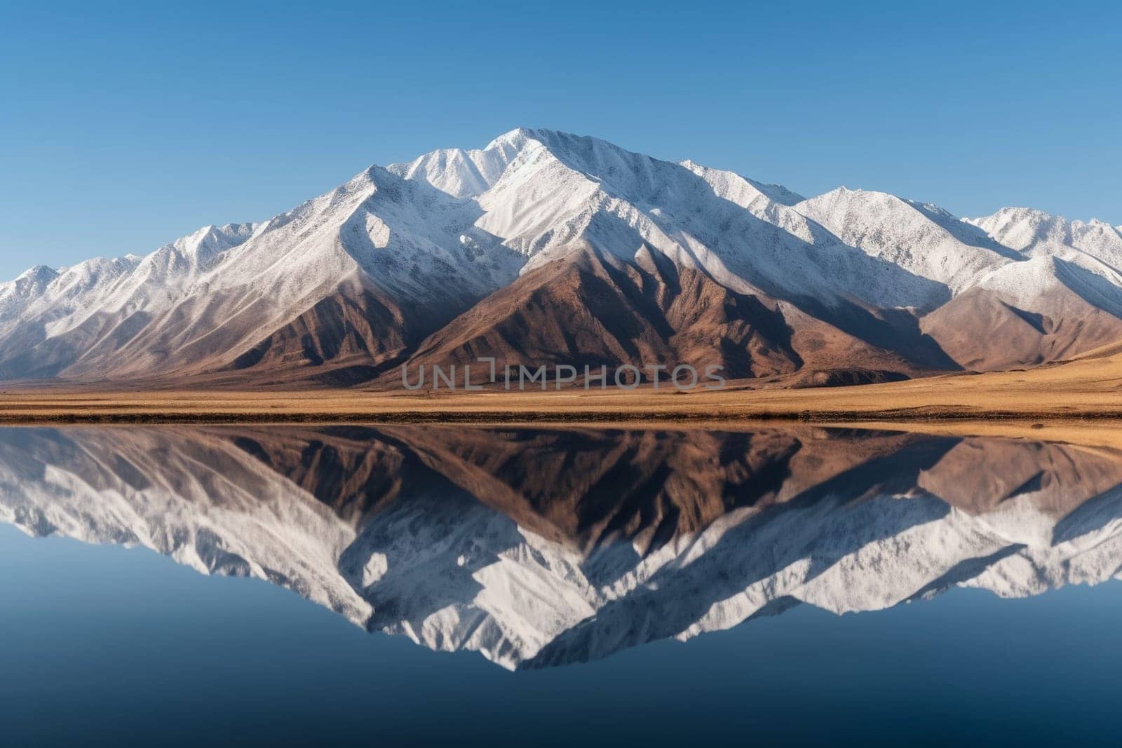 Enjoy the breathtaking view of snow-capped mountains towering over a calm lake, reflecting the surrounding landscape. The sharp focus and panoramic perspective of this stunning landscape make it a must-have for landscape photography enthusiasts. (generative AI)