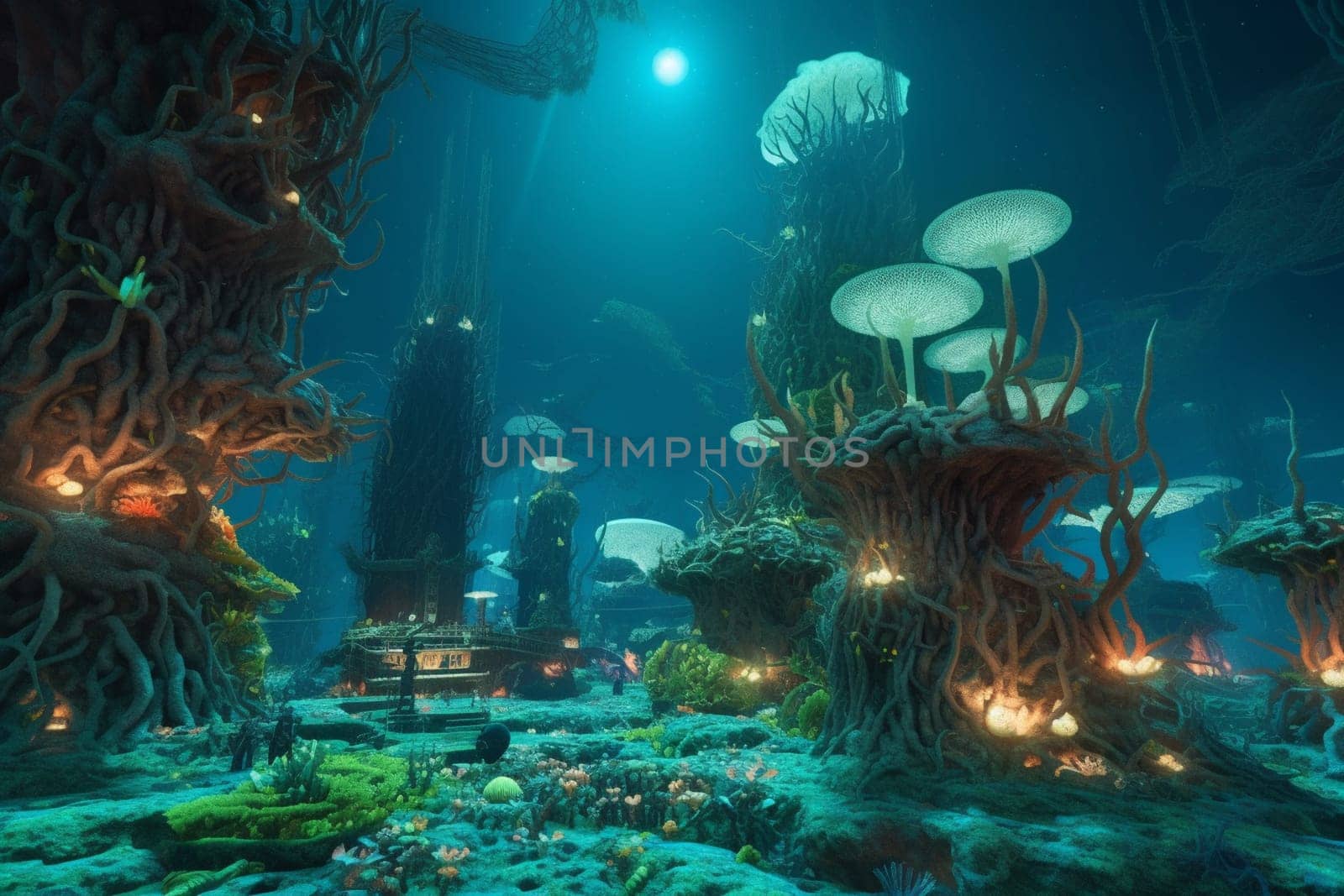 This surreal and mysterious underwater world is filled with towering, neon-lit coral structures and ethereal bioluminescent sea creatures. The scene is both awe-inspiring and eerie, drawing the viewer into an otherworldly realm. (generative AI)