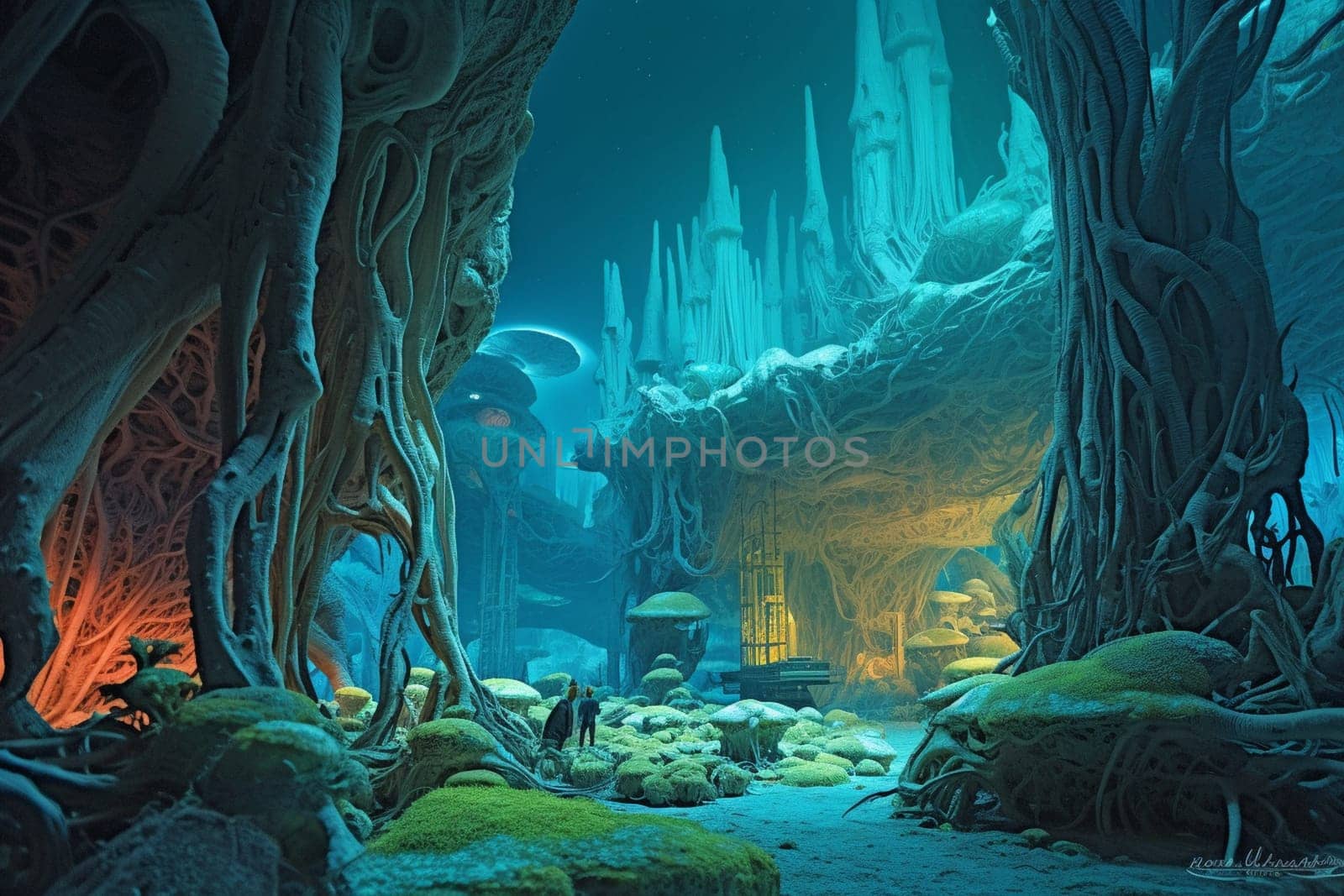 This surreal and mysterious underwater world is filled with towering, neon-lit coral structures and ethereal bioluminescent sea creatures. The scene is both awe-inspiring and eerie, drawing the viewer into an otherworldly realm. (generative AI)