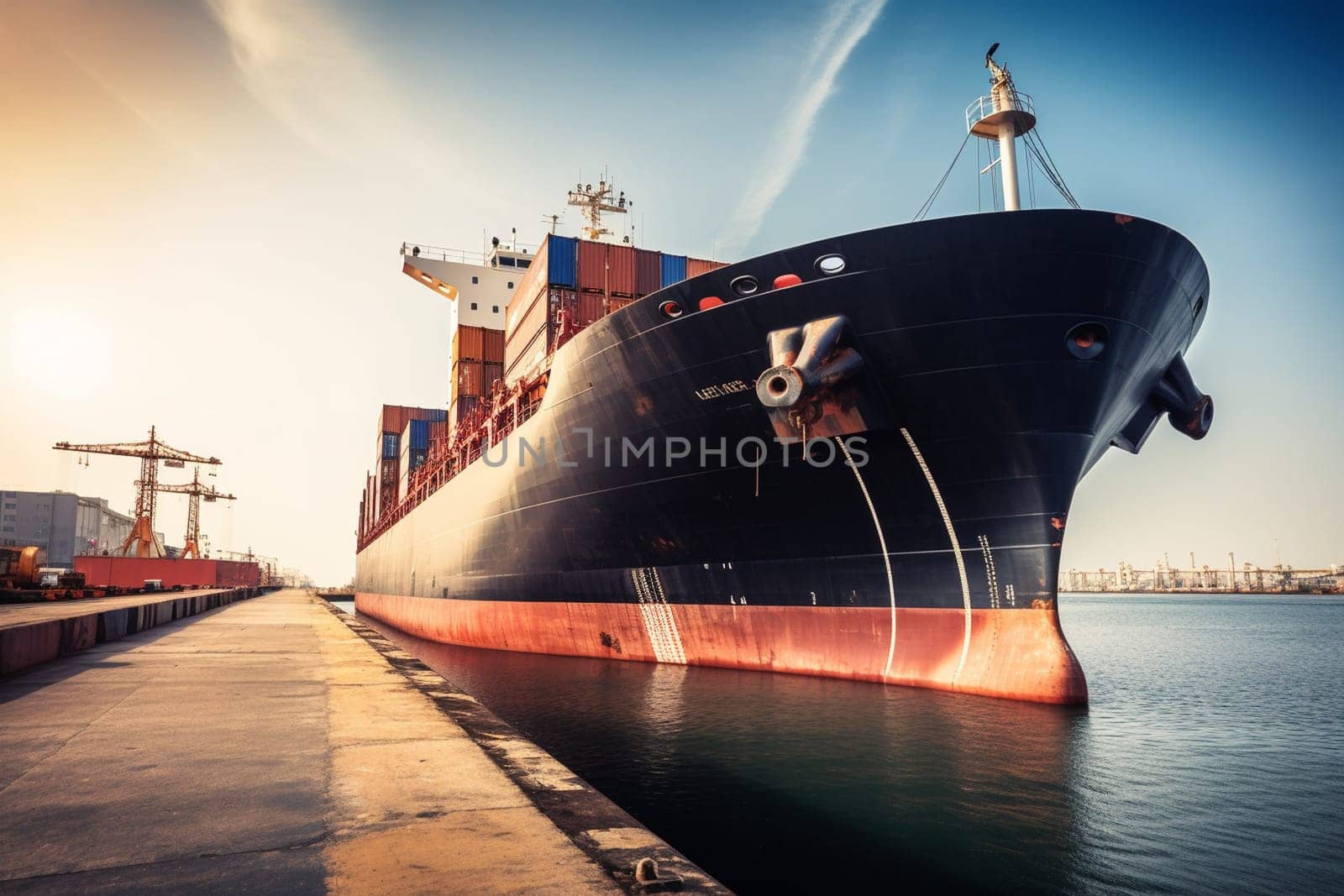 A massive cargo ship sits docked at a bustling seaport, surrounded by stacks of shipping containers and the hustle and bustle of workers loading and unloading cargo. The sheer scale of the ship is awe-inspiring, creating a memorable and striking scene. (generative AI)