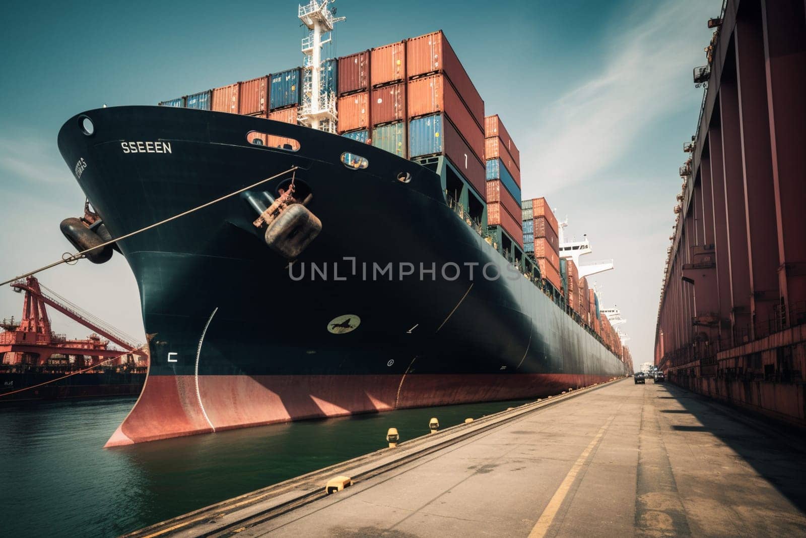 A massive cargo ship sits docked at a bustling seaport, surrounded by stacks of shipping containers and the hustle and bustle of workers loading and unloading cargo. The sheer scale of the ship is awe-inspiring, creating a memorable and striking scene. (generative AI)
