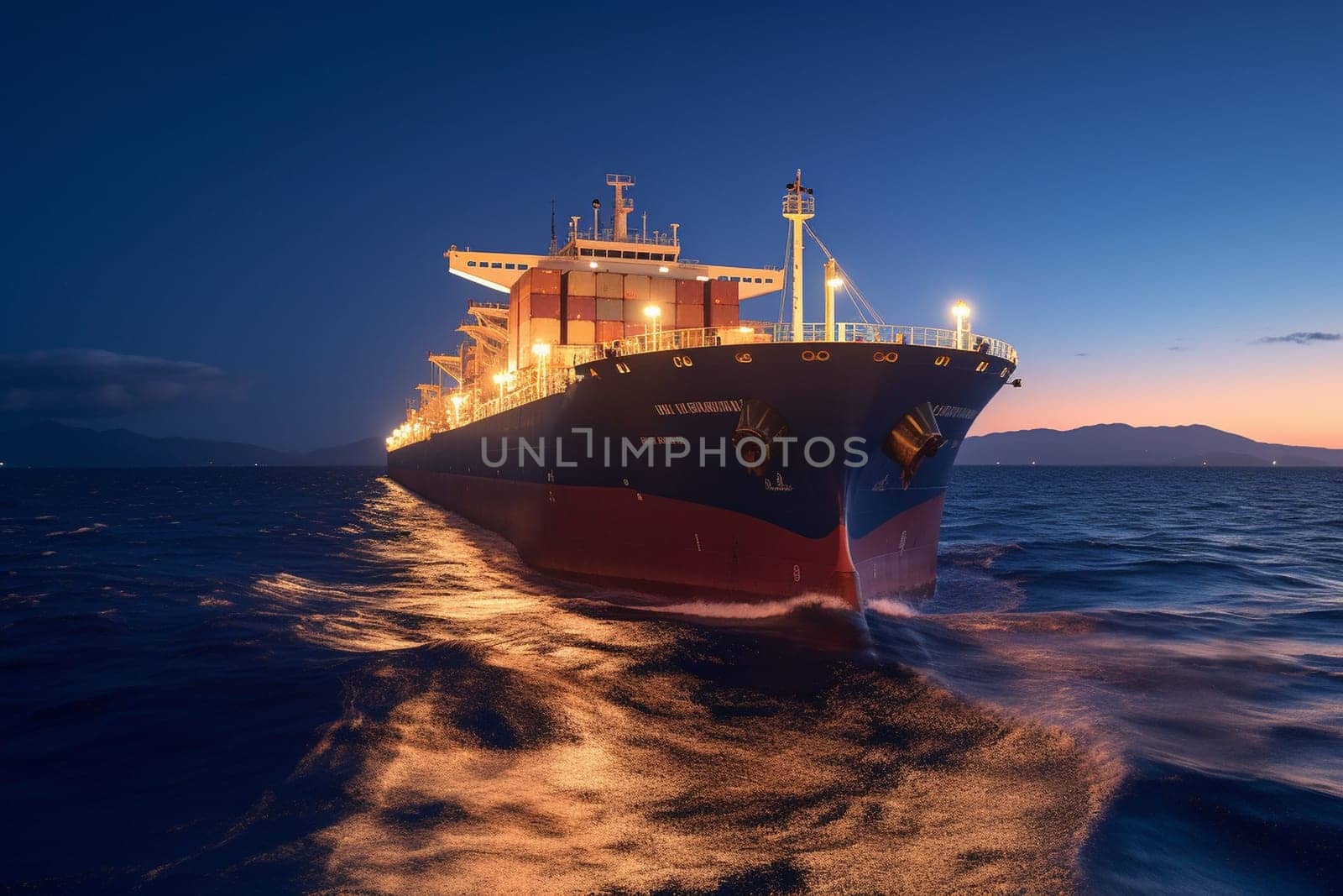 The large cargo ship cuts through the dark ocean water at night, its powerful engines propelling it forward as it transports goods across the world. The lights of the ship and the stars overhead create a beautiful contrast in the blackness of the open ocean. (generative AI)