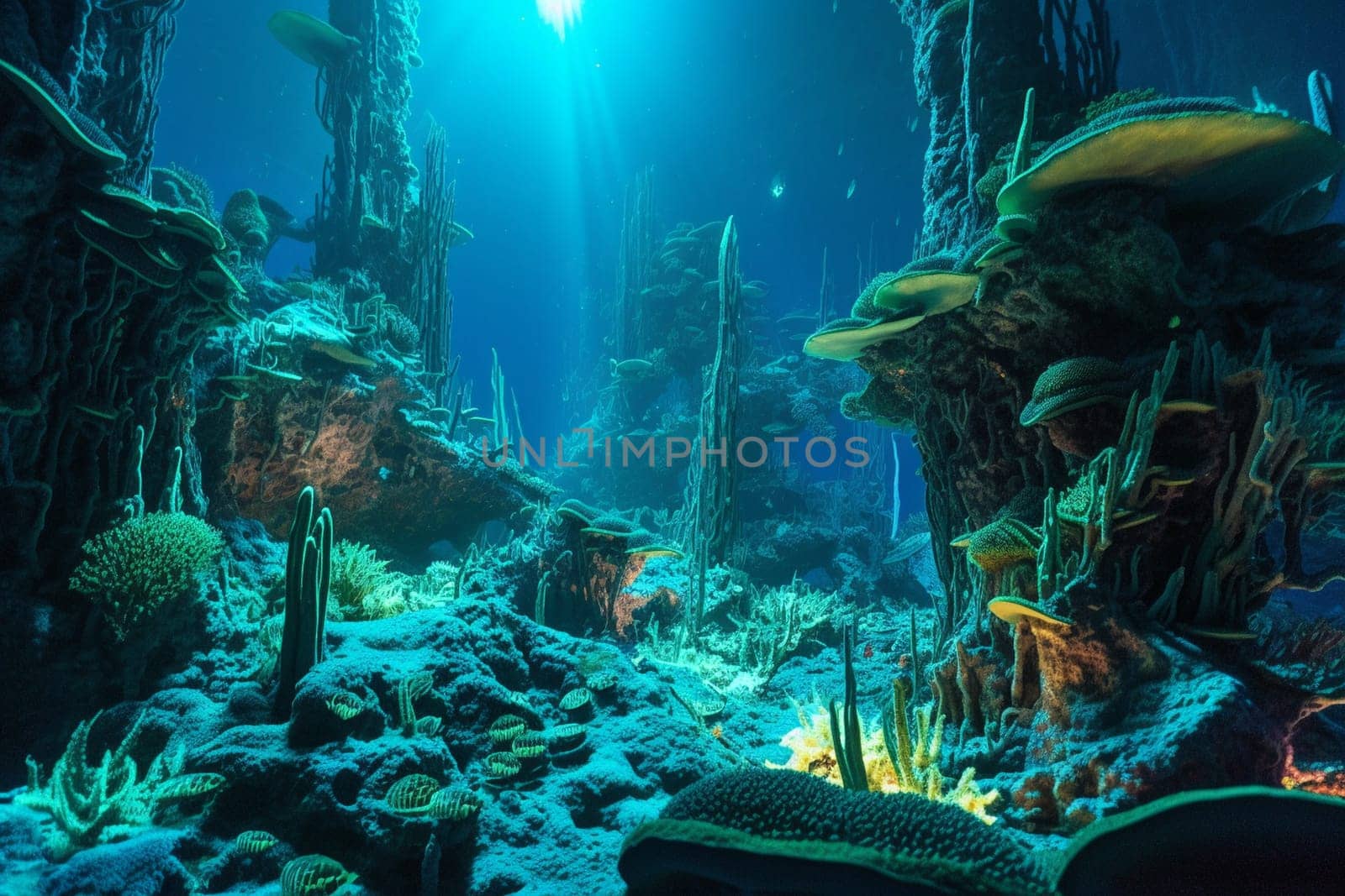 This surreal and mysterious underwater world is filled with towering, neon-lit coral structures and ethereal bioluminescent sea creatures. The scene is both awe-inspiring and eerie, drawing the viewer into an otherworldly realm. (generative AI)