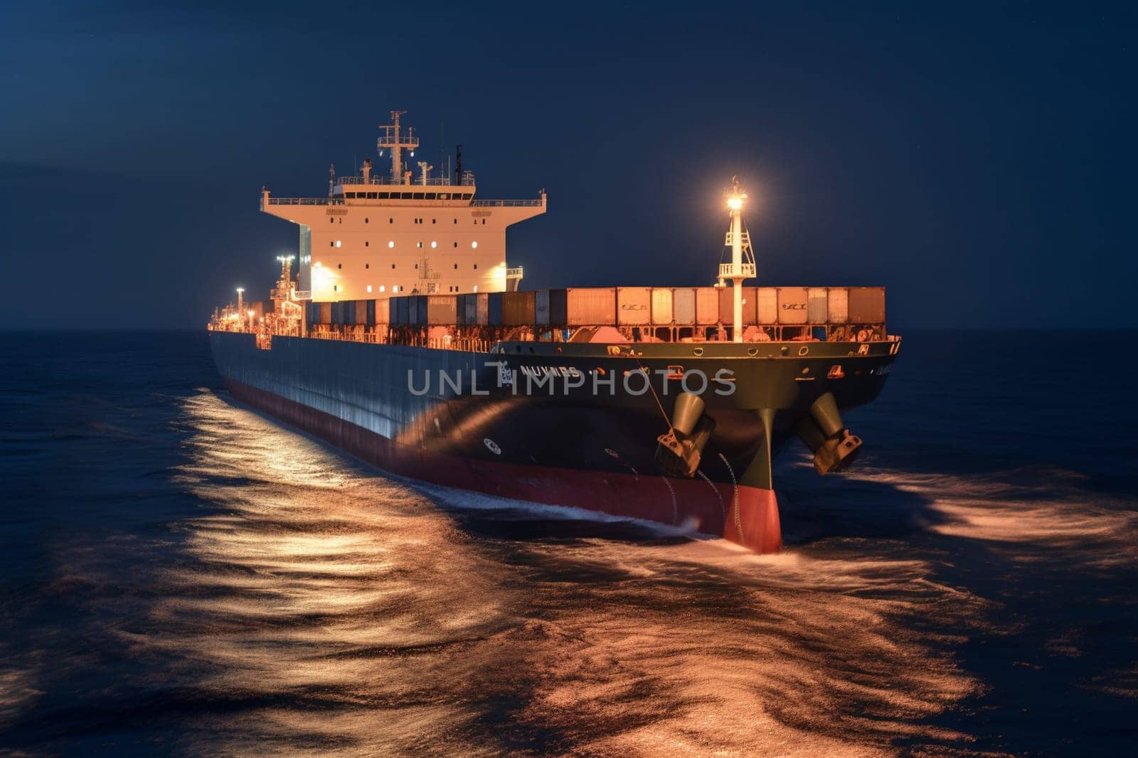 The large cargo ship cuts through the dark ocean water at night, its powerful engines propelling it forward as it transports goods across the world. The lights of the ship and the stars overhead create a beautiful contrast in the blackness of the open ocean. (generative AI)