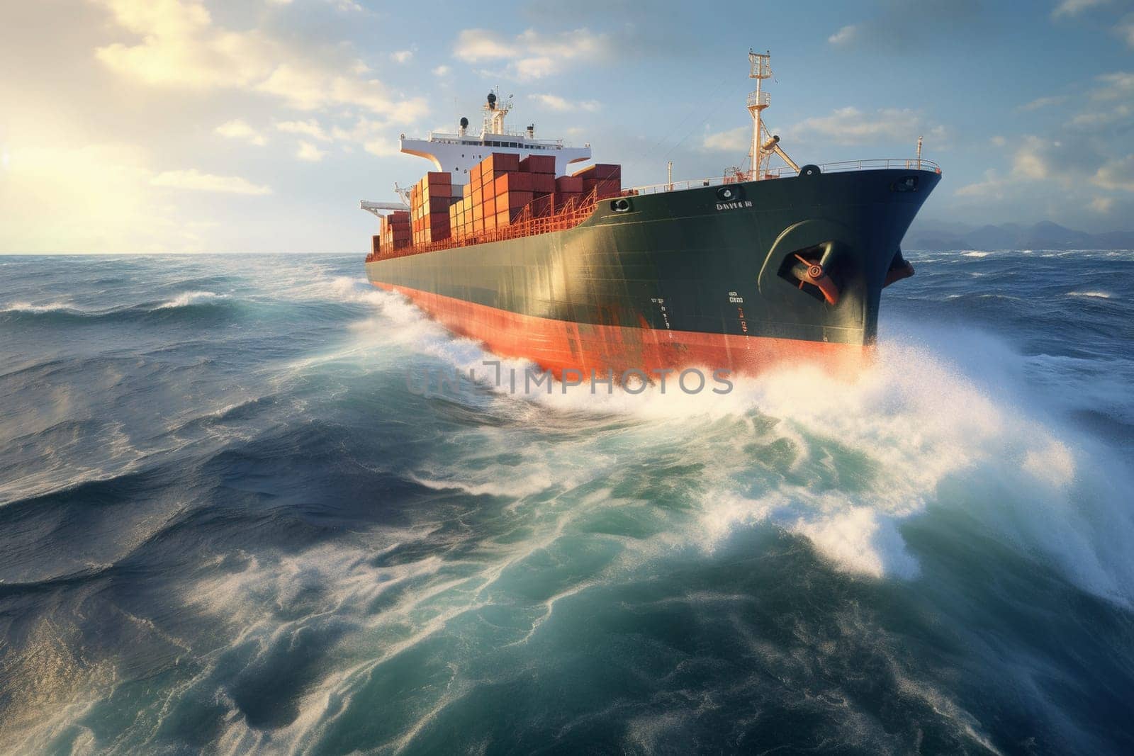 A giant cargo ship weathers the storm as it navigates through turbulent ocean waves. The ship's immense size and powerful engines allow it to make steady progress, despite the challenging conditions. (generative AI)