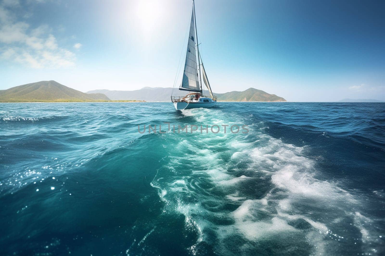A luxurious yacht sails through clear, sparkling Caribbean waters, offering its passengers breathtaking views of tropical islands and coral reefs. The yacht's sleek design and elegant décor make it the ultimate in luxury transportation. (generative AI)