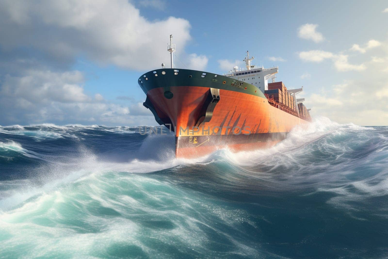 A giant cargo ship weathers the storm as it navigates through turbulent ocean waves. The ship's immense size and powerful engines allow it to make steady progress, despite the challenging conditions. (generative AI)