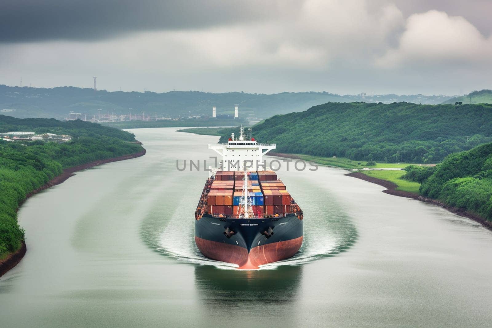 A majestic cargo ship sails through the narrow locks of the Panama Canal, its massive bulk barely fitting through the tight space. The ship's massive engines roar as it makes its way through the iconic waterway, delivering goods from one side of the continent to the other. (generative AI)