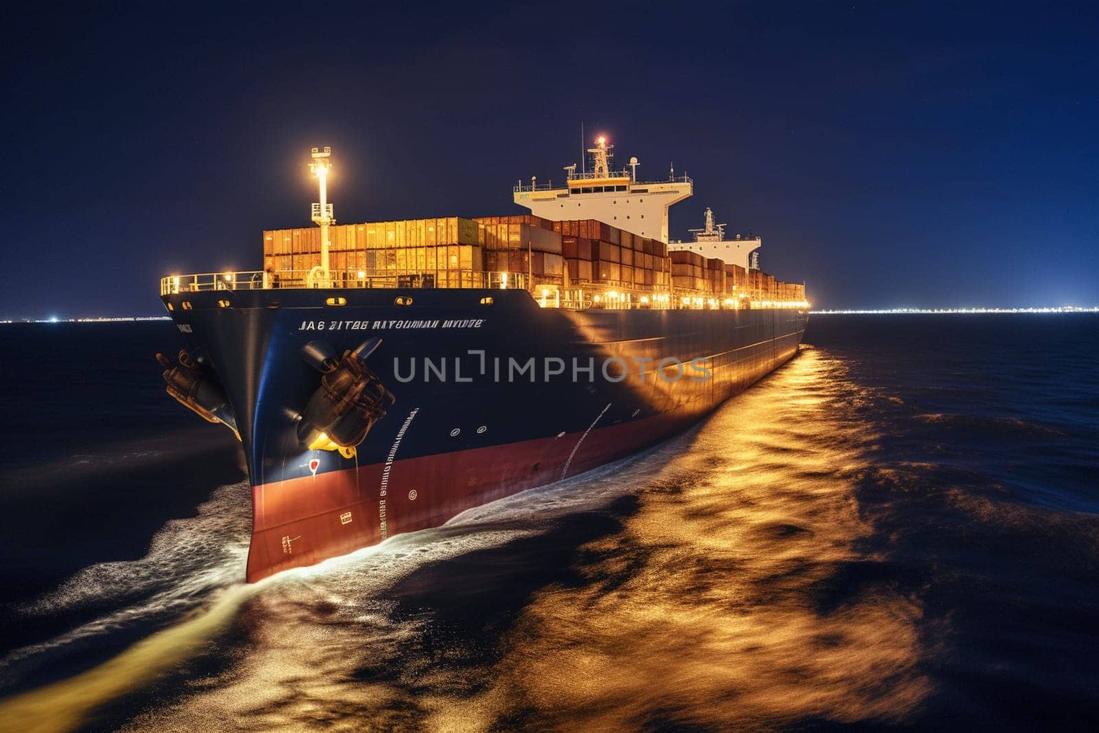 The large cargo ship cuts through the dark ocean water at night, its powerful engines propelling it forward as it transports goods across the world. The lights of the ship and the stars overhead create a beautiful contrast in the blackness of the open ocean. (generative AI)