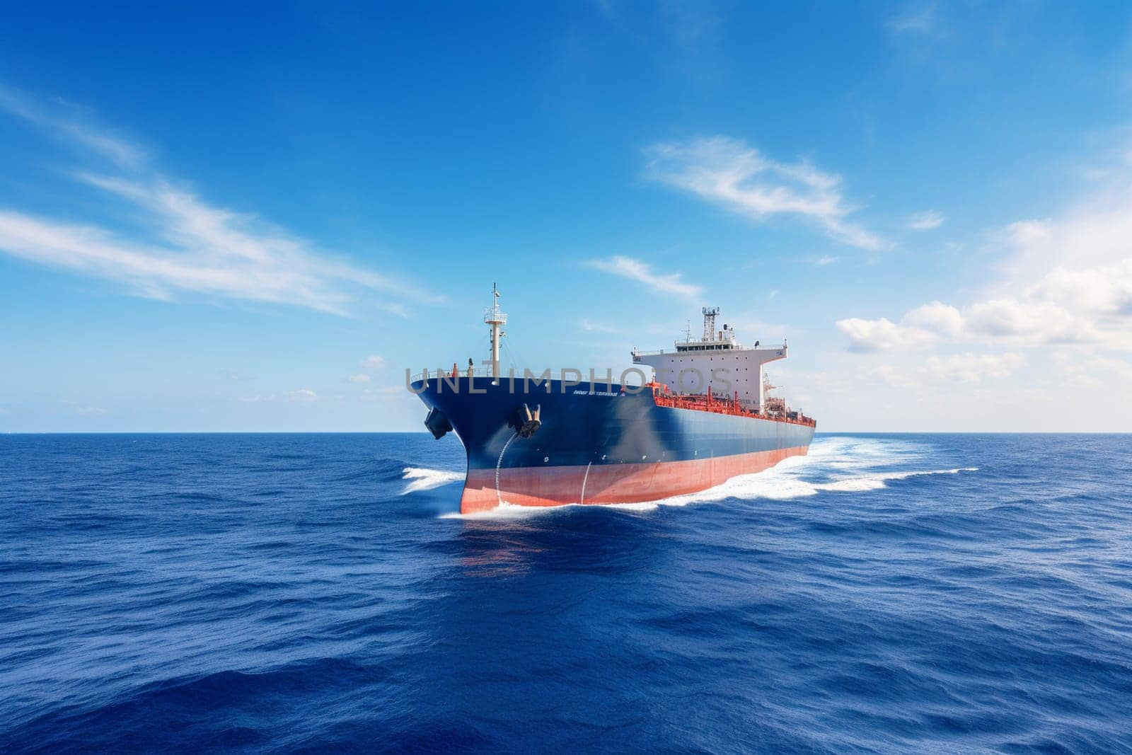 A colossal cargo ship plows through the tranquil waters of the ocean, its towering masts reaching towards the clear blue sky. The ship's massive hull is capable of carrying an enormous load of goods across vast distances, making it an essential component of international trade and commerce. (generative AI)
