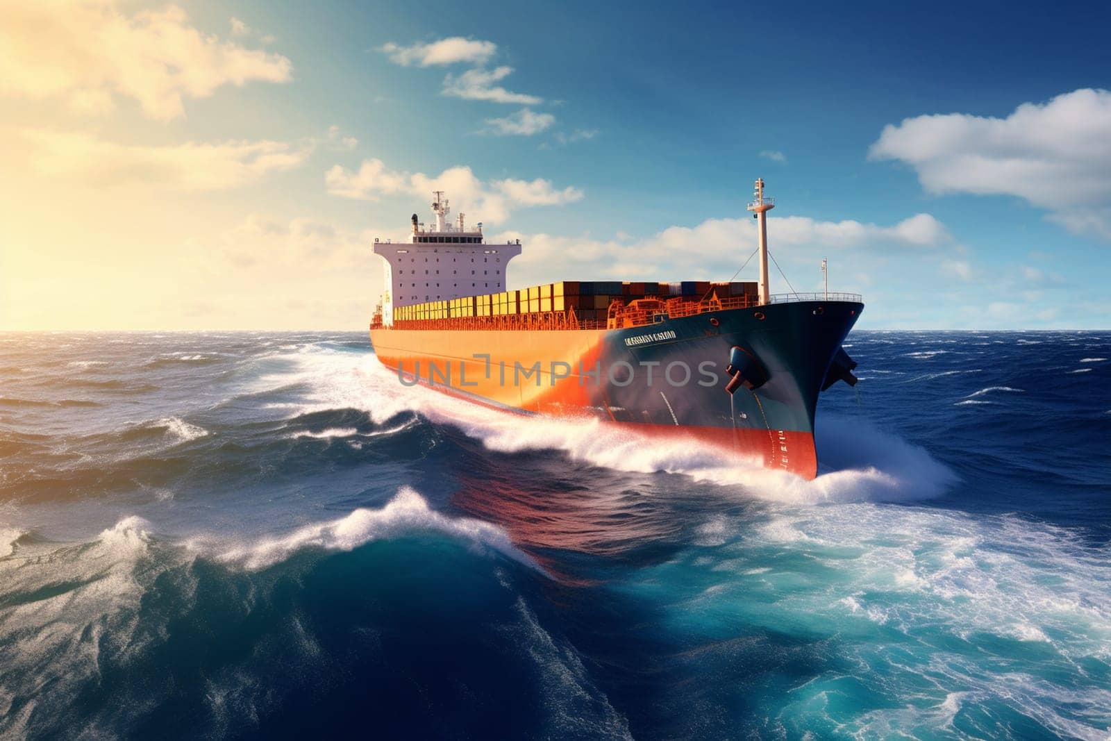 A giant cargo ship weathers the storm as it navigates through turbulent ocean waves. The ship's immense size and powerful engines allow it to make steady progress, despite the challenging conditions. (generative AI)
