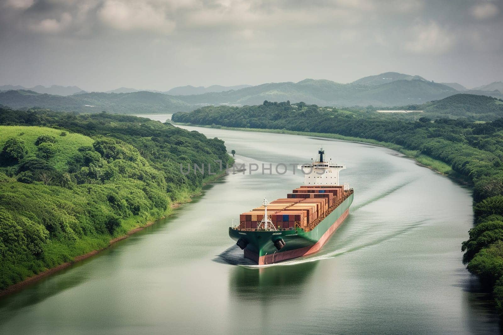 A majestic cargo ship sails through the narrow locks of the Panama Canal, its massive bulk barely fitting through the tight space. The ship's massive engines roar as it makes its way through the iconic waterway, delivering goods from one side of the continent to the other. (generative AI)