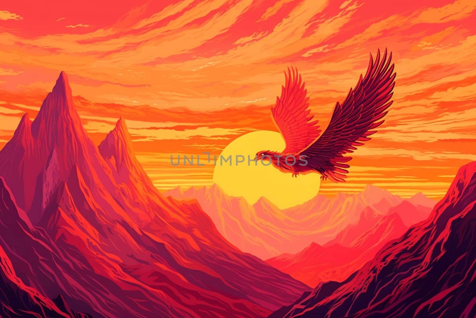 Phoenixes are legendary birds that are said to be able to regenerate from their own ashes. In this mystical scene, a majestic phoenix can be seen soaring over a mountain peak at sunrise, creating a divine and regal ambiance. The fiery colors of the phoenix and the panoramic point of view add to the majestic feeling of the scenery. (generative AI)