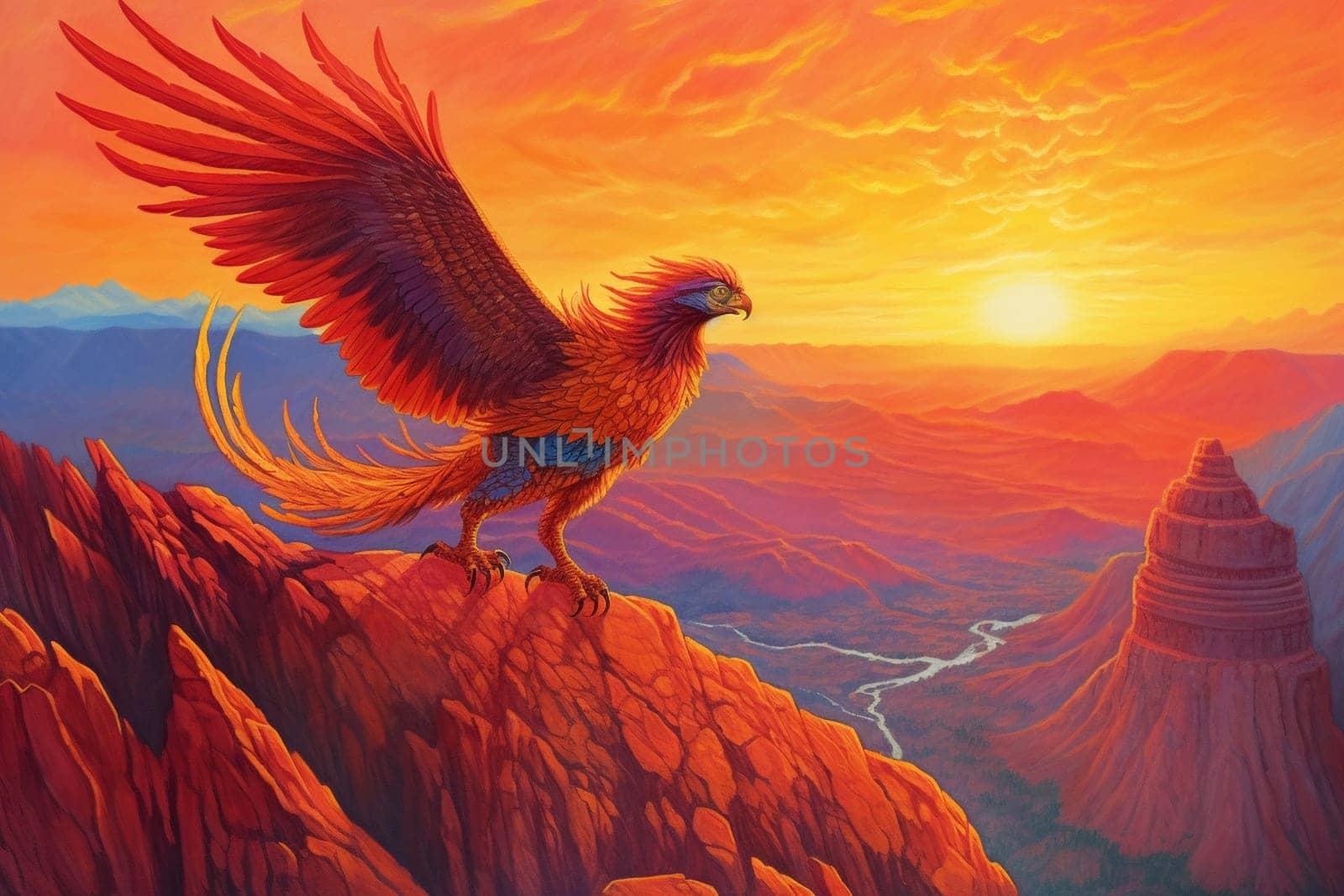Phoenixes are legendary birds that are said to be able to regenerate from their own ashes. In this mystical scene, a majestic phoenix can be seen soaring over a mountain peak at sunrise, creating a divine and regal ambiance. The fiery colors of the phoenix and the panoramic point of view add to the majestic feeling of the scenery. (generative AI)