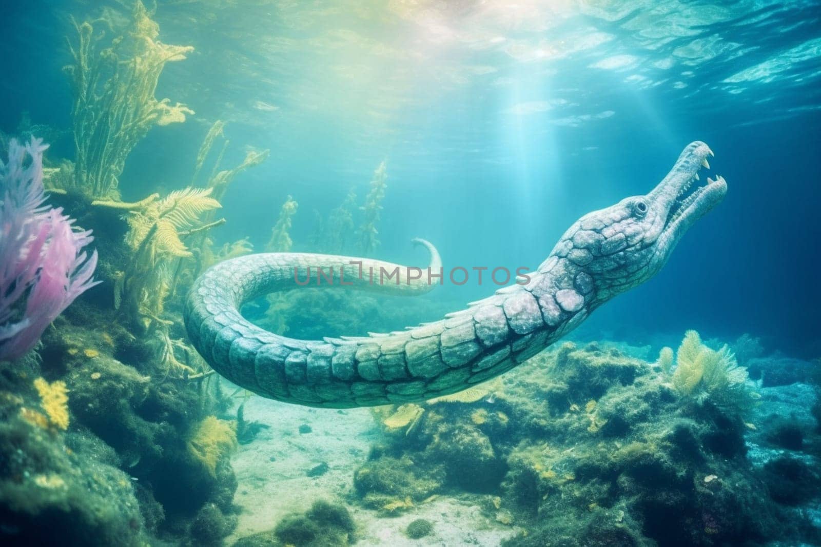 The sea serpent is a mythical creature that has been associated with water and the sea. In this image, the sea serpent is seen swimming elegantly through a coral reef, with the soft pastel colors creating an ethereal and dreamy scene that is truly magical. (generative AI)