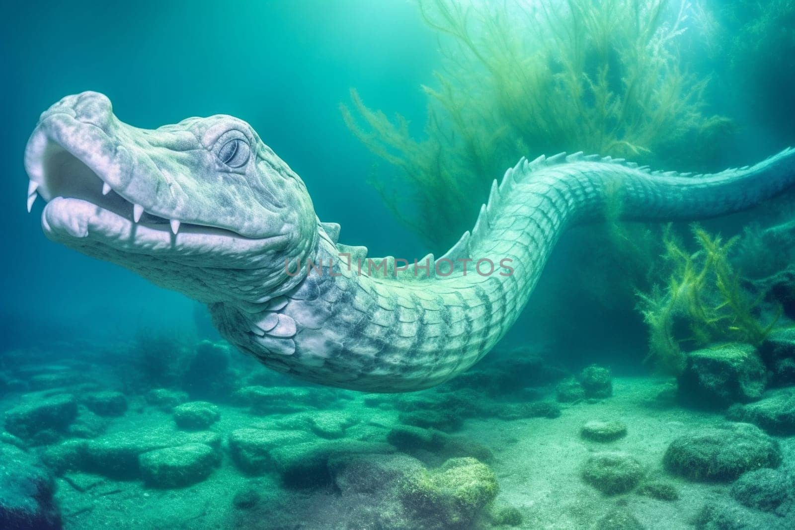 The sea serpent is a mythical creature that has been associated with water and the sea. In this image, the sea serpent is seen swimming elegantly through a coral reef, with the soft pastel colors creating an ethereal and dreamy scene that is truly magical. (generative AI)