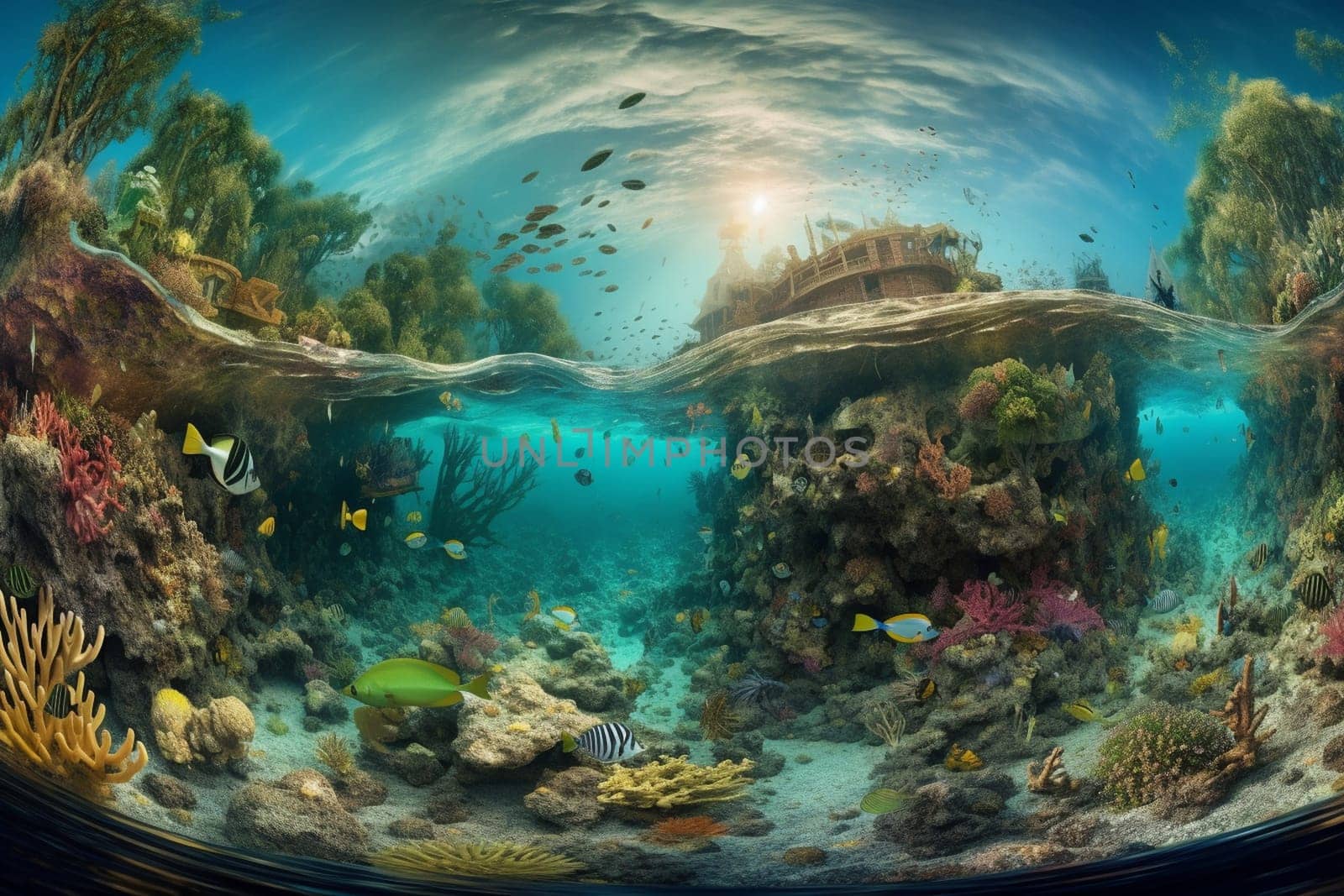 Gaze in awe at a stunning underwater archipelago that stretches as far as the eye can see. The panoramic view captures the vastness of the scene, while the photorealistic rendering and vibrant colors bring the landscape to life. (generative AI)