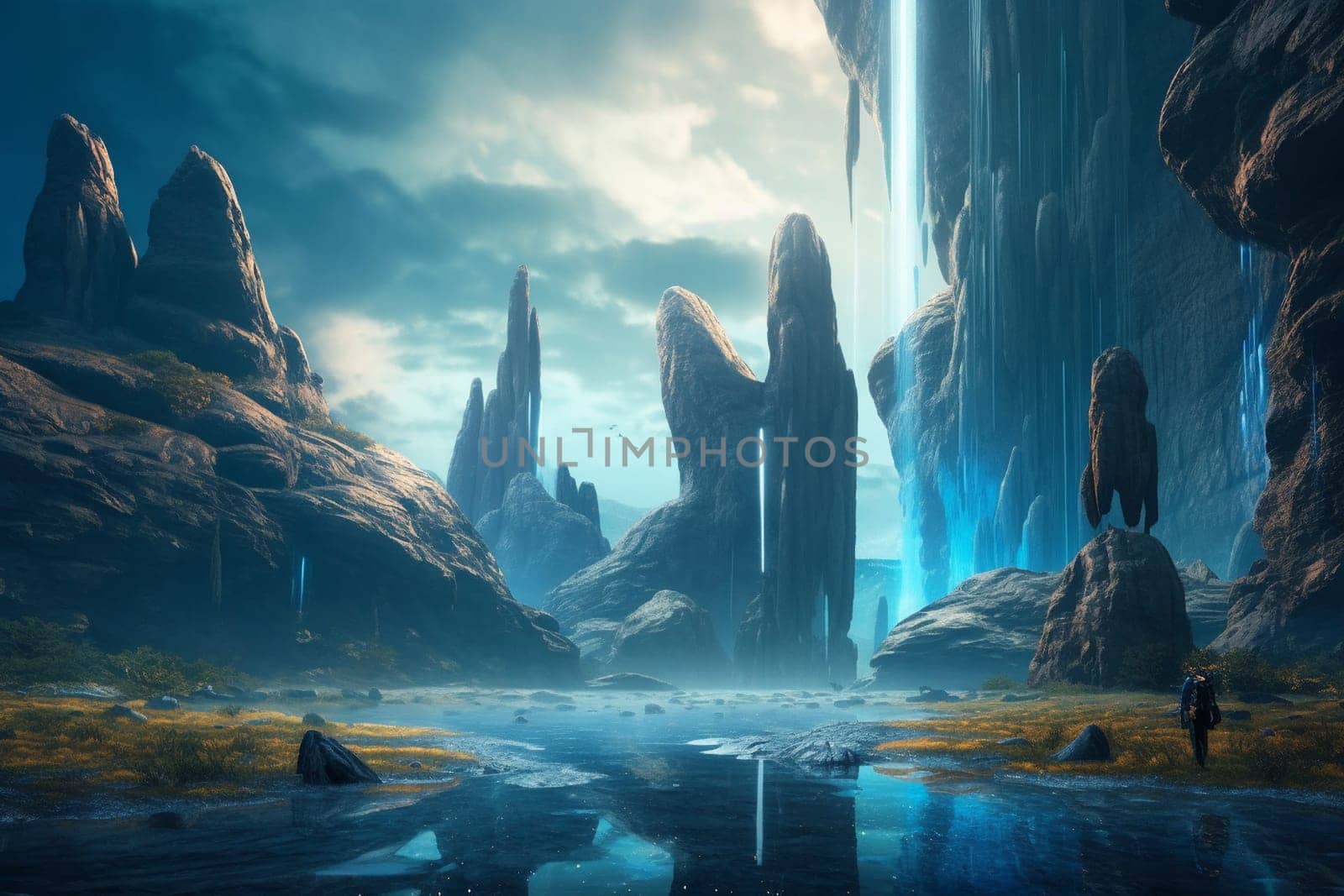 The majestic waterfall pouring over the clifftop in this alien landscape is a sight to behold. Surrounded by towering mountains, the dramatic lighting and surreal colors of the scene create an epic and cinematic atmosphere, worthy of any science fiction film. (generative AI)