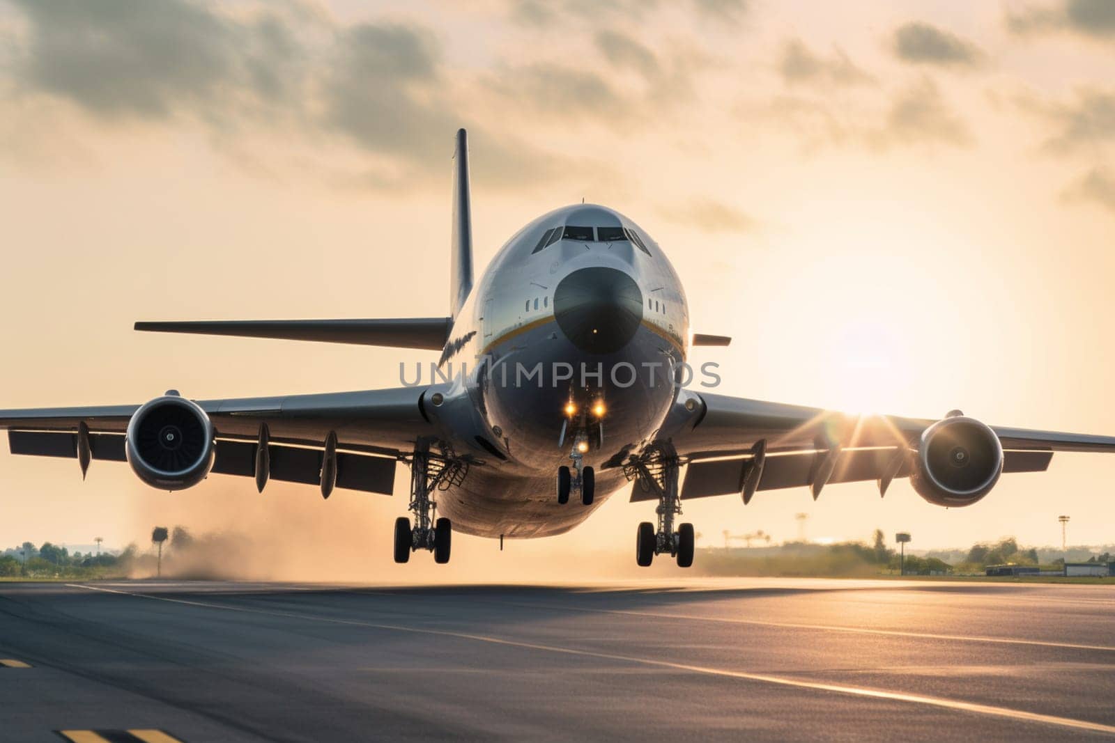 A gargantuan cargo plane rumbles down the runway of a bustling international airport, preparing for takeoff on another global delivery mission. Its massive engines roar and the plane lifts off into the sky, carrying a payload of goods worth millions of dollars. (generative AI)