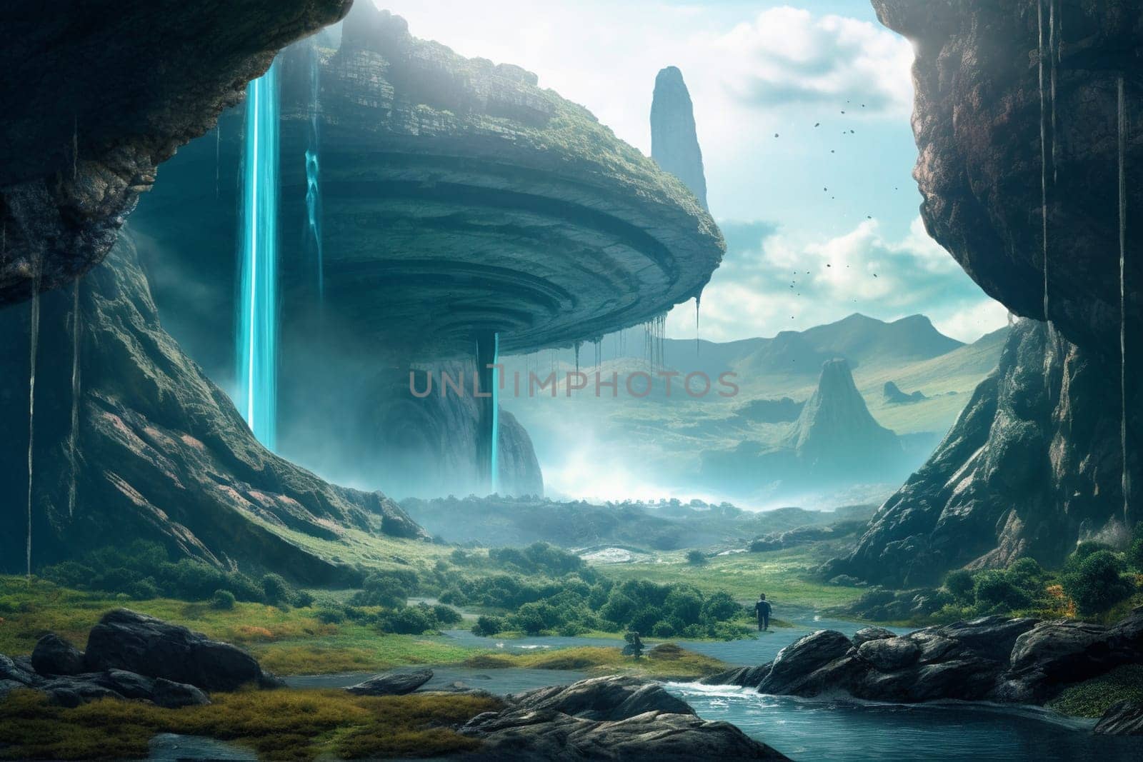 The majestic waterfall pouring over the clifftop in this alien landscape is a sight to behold. Surrounded by towering mountains, the dramatic lighting and surreal colors of the scene create an epic and cinematic atmosphere, worthy of any science fiction film. (generative AI)