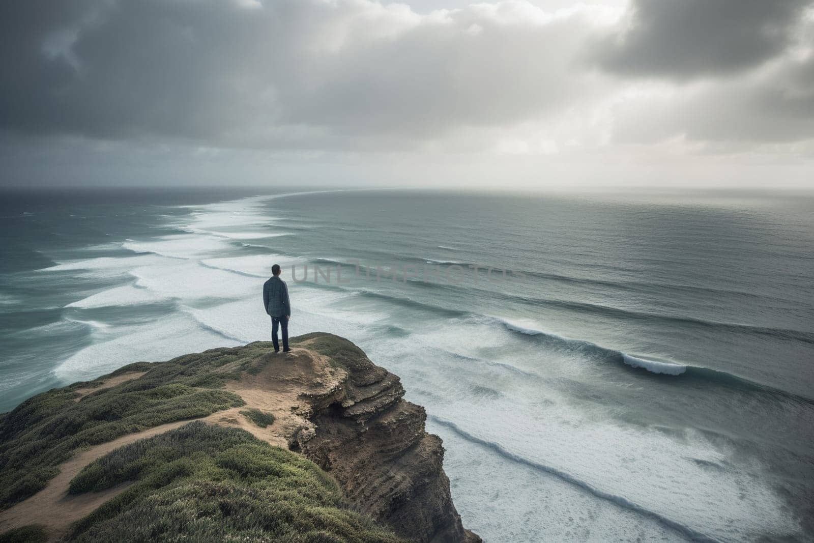 A man stands at the edge of a cliff, looking out over the vast expanse of the ocean. The panoramic view is breathtaking and majestic, creating a moody and powerful atmosphere. The natural surroundings add to the reflective and inspiring quality of the scene, evoking feelings of awe and wonder. This photo can evoke feelings of power, inspiration, and introspection. (generative AI)